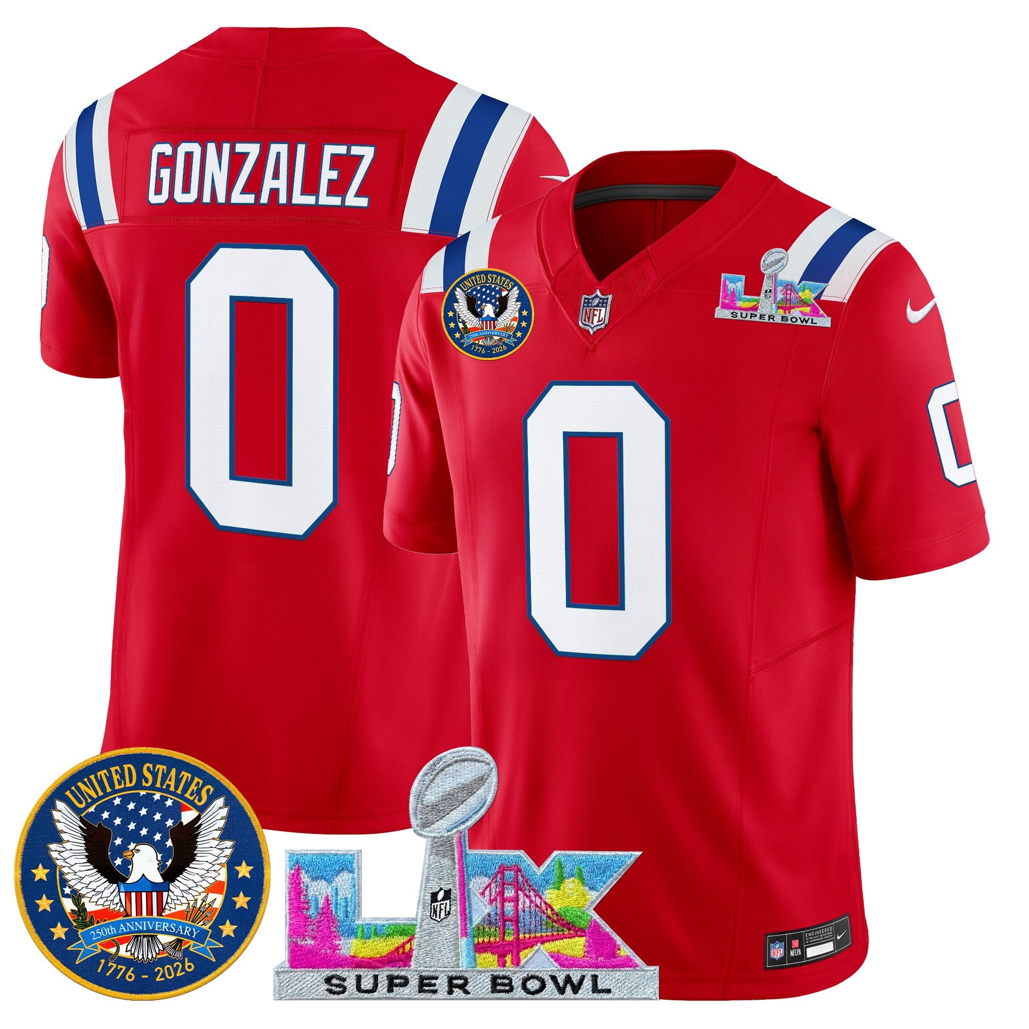 Christian Gonzalez Men's New England Patriots “Super Bowl LX & United States 250th Patch” Vapor Limited Red Jersey - All Stitched
