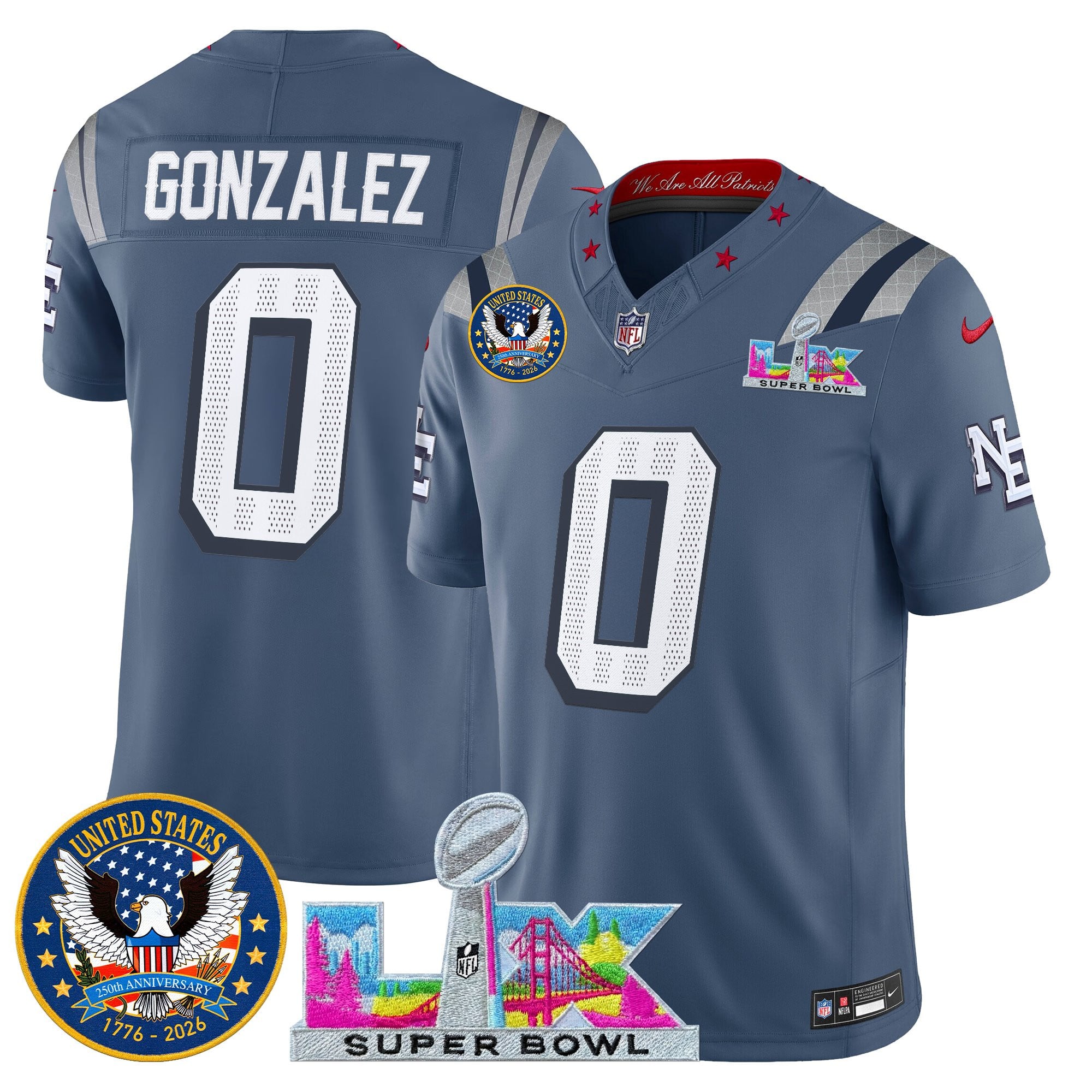 Christian Gonzalez Men's New England Patriots “Super Bowl LX & United States 250th Patch” Vapor Limited Storm Blue Jersey - All Stitched
