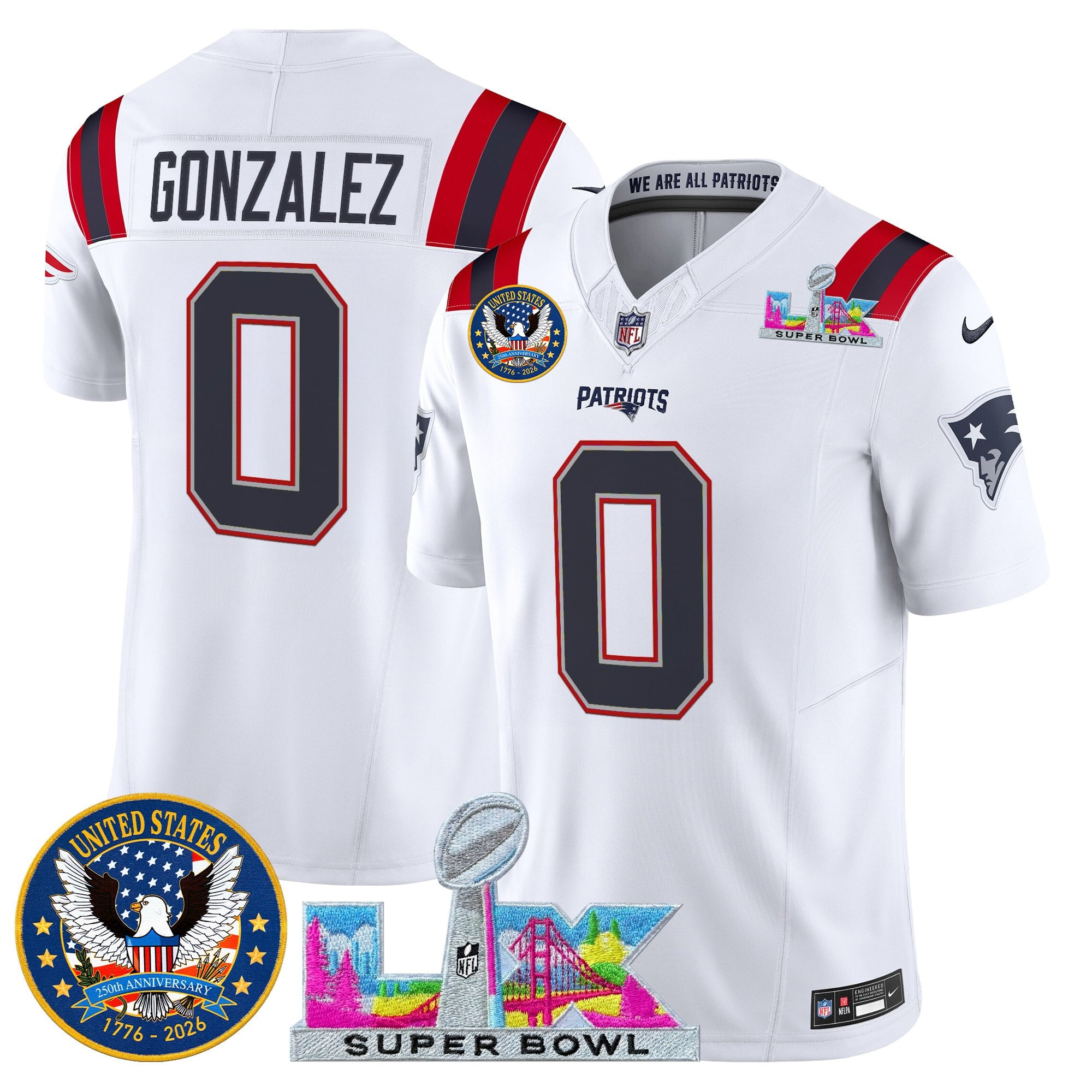 Christian Gonzalez Men's New England Patriots “Super Bowl LX & United States 250th Patch” Vapor Limited White Jersey - All Stitched
