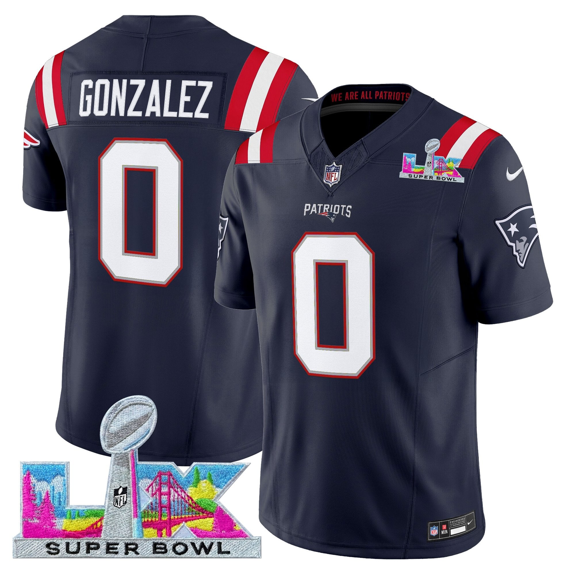 Christian Gonzalez Men's New England Patriots Super Bowl LX Vapor Limited Navy Jersey - All Stitched