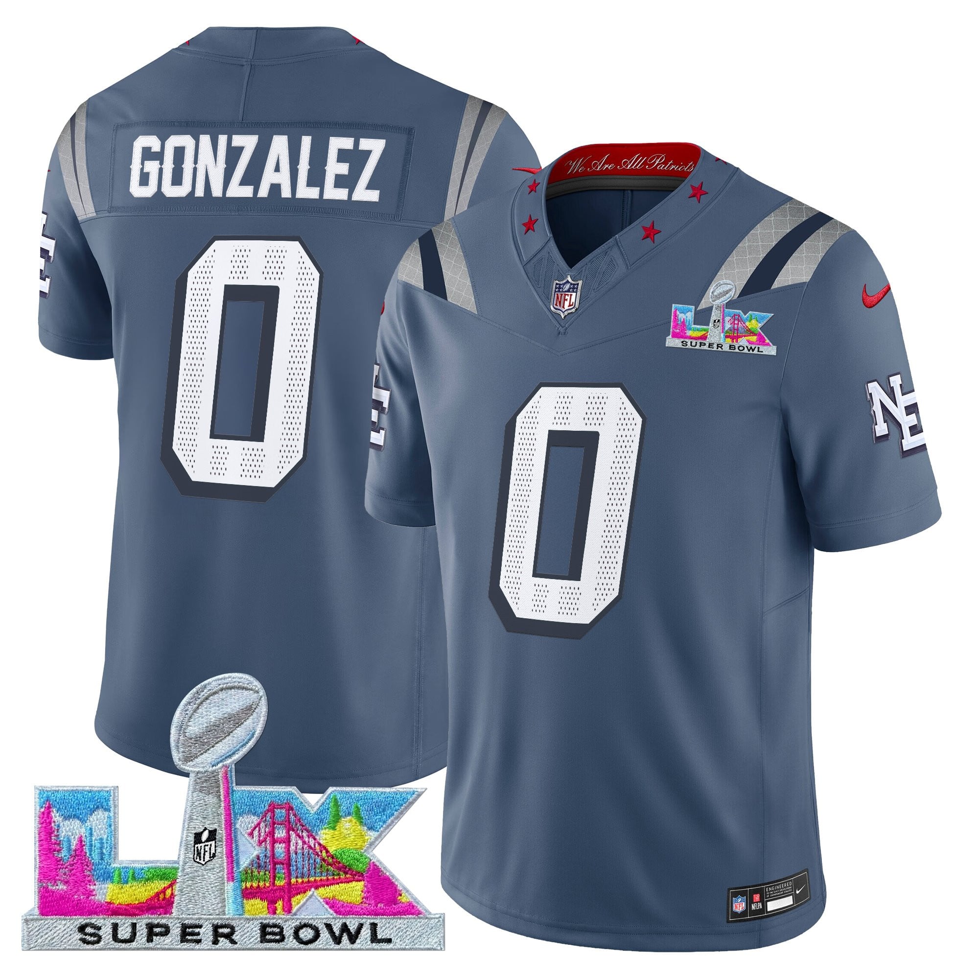 Christian Gonzalez Men's New England Patriots Super Bowl LX Vapor Limited Storm Blue Jersey - All Stitched