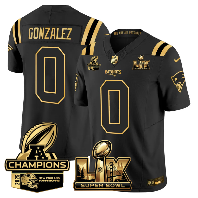 Christian Gonzalez New England Patriots Super Bowl LX - AFC Champions Patch Gold Vapor Limited Black Gold Jersey - All Stitched