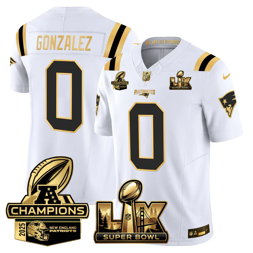 Christian Gonzalez New England Patriots Super Bowl LX - AFC Champions Patch Gold Vapor Limited White Gold Jersey - All Stitched