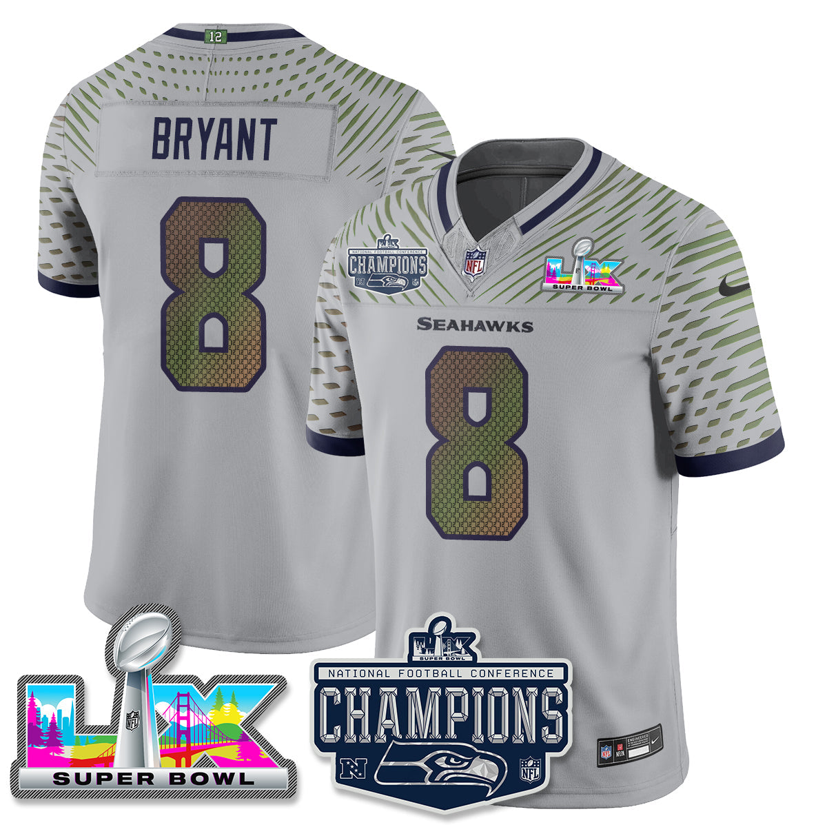 Coby Bryant - 8 Seattle Seahawks 2025 NFC Champions Vapor Limited Wolf Gray Jersey - All Stitched