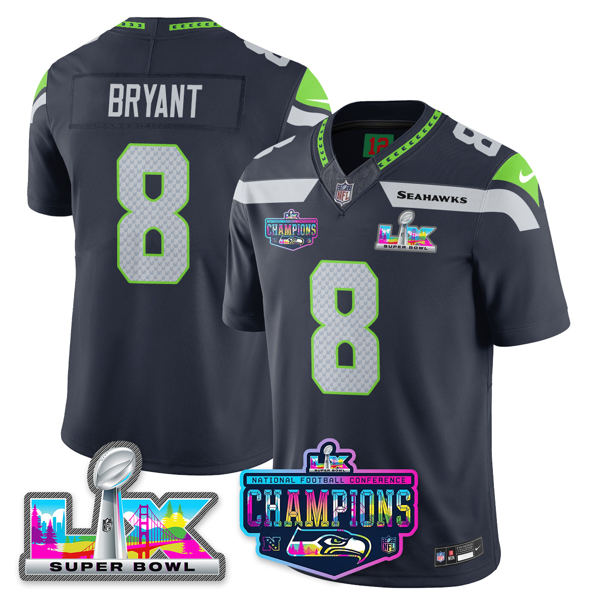 Coby Bryant - 8 Seattle Seahawks 2025 Vapor Limited Navy Jersey - NFC Champions Limited Patch - All Stitched