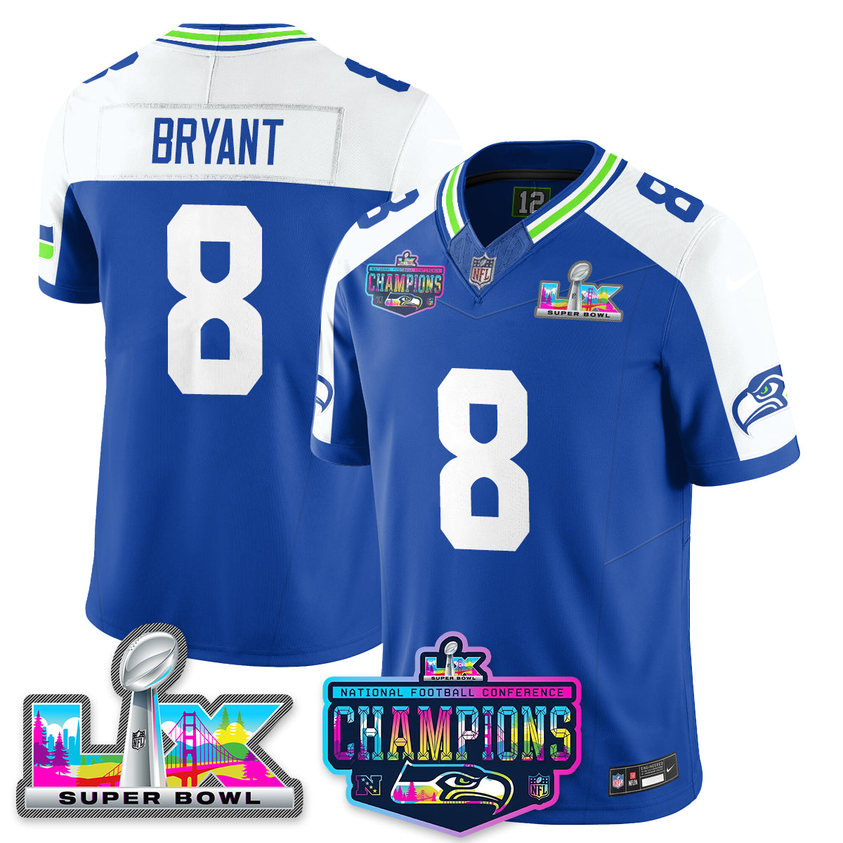 Coby Bryant - 8 Seattle Seahawks 2025 Vapor Limited Royal Alternate Jersey - NFC Champions Limited Patch - All Stitched