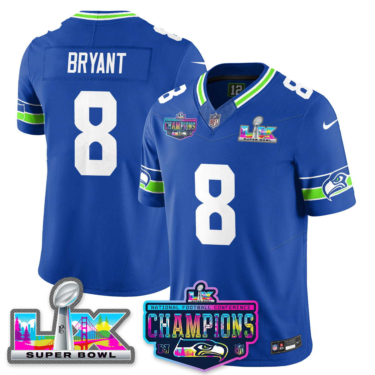 Coby Bryant - 8 Seattle Seahawks 2025 Vapor Limited Royal Jersey - NFC Champions Limited Patch - All Stitched