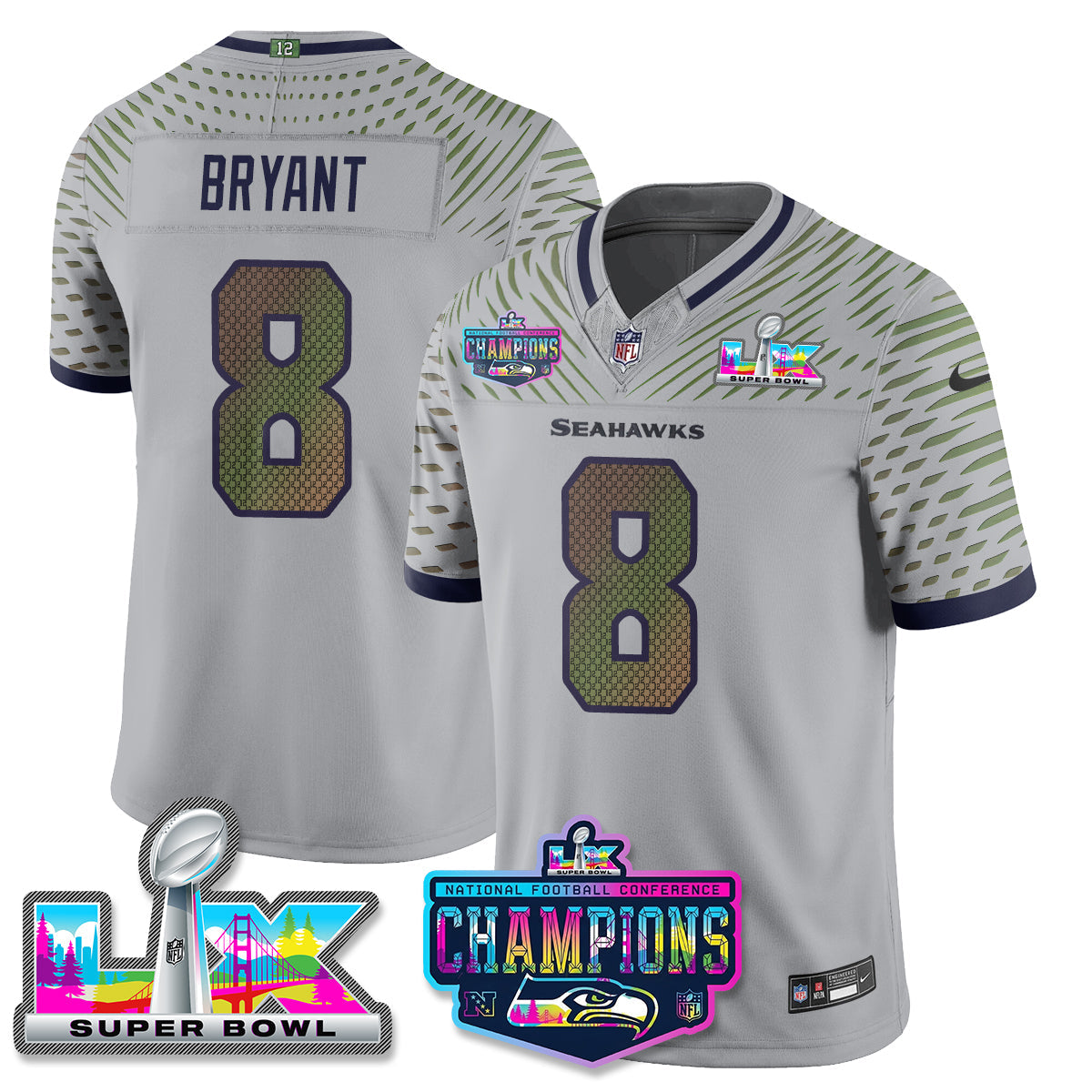 Coby Bryant - 8 Seattle Seahawks 2025 Vapor Limited Wolf Gray Jersey - NFC Champions Limited Patch - All Stitched
