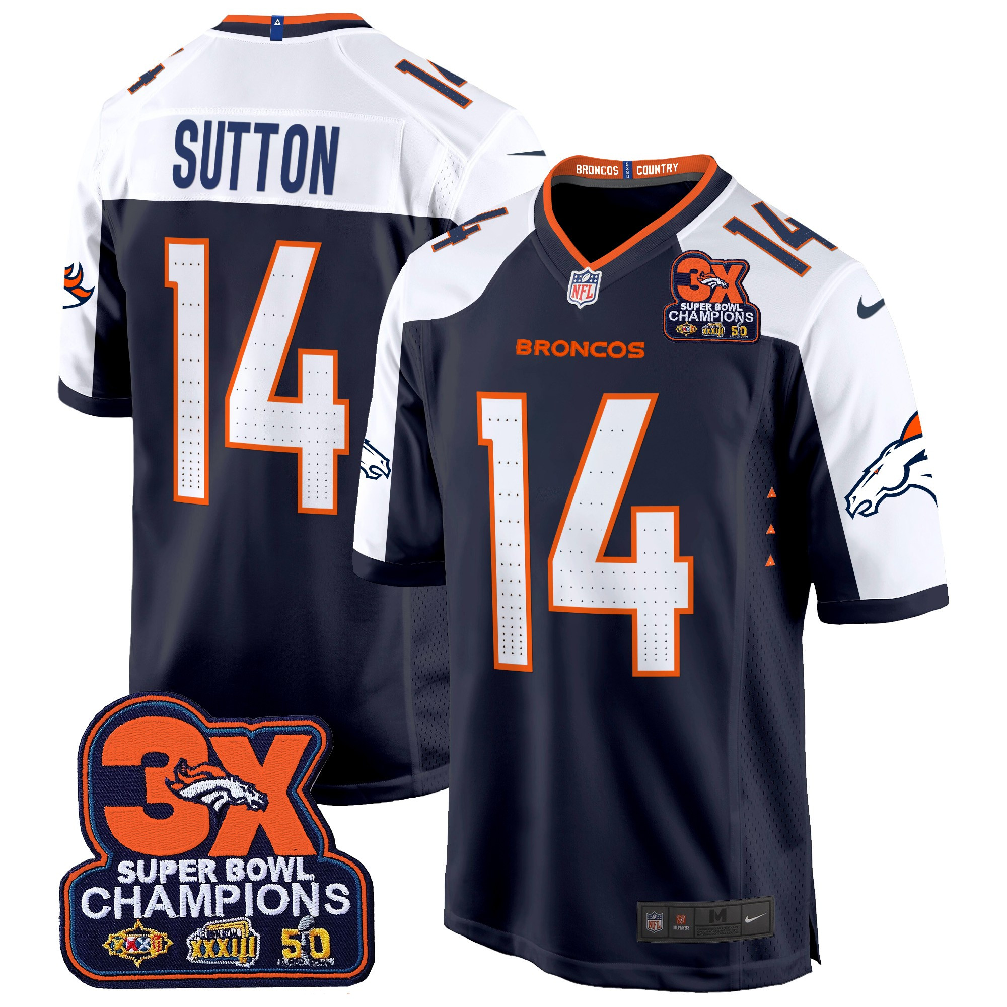 Courtland Sutton Men's Denver Broncos 3-Time Champions Patch Game Navy Alternate Jersey - Al Stitched