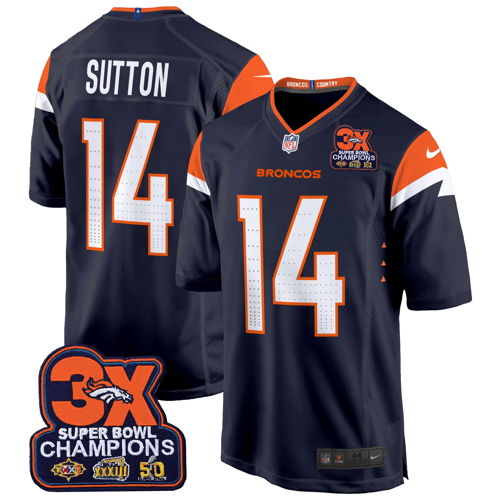 Courtland Sutton Men's Denver Broncos 3-Time Champions Patch Game Navy Jersey - Al Stitched