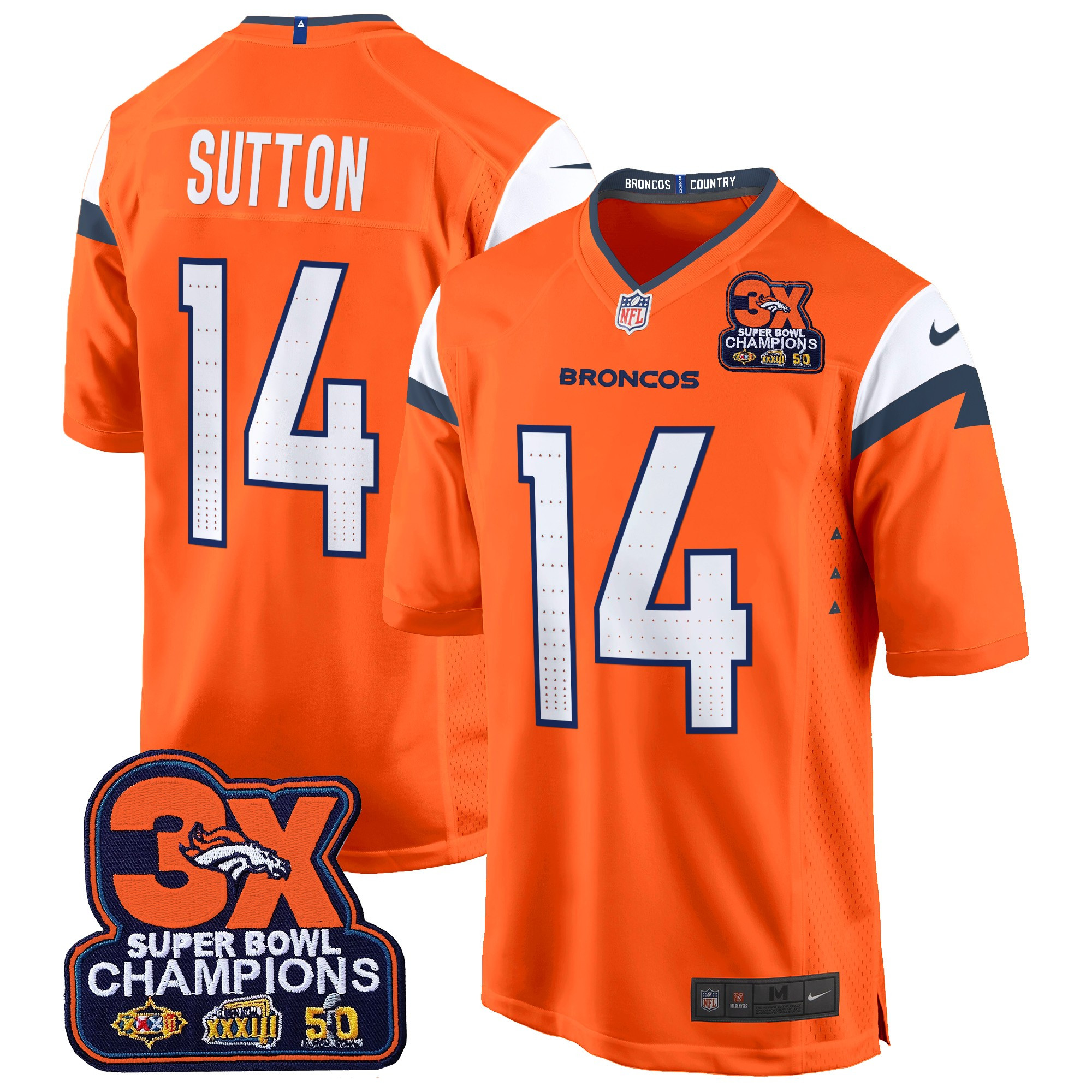 Courtland Sutton Men's Denver Broncos 3-Time Champions Patch Game Orange Jersey - Al Stitched