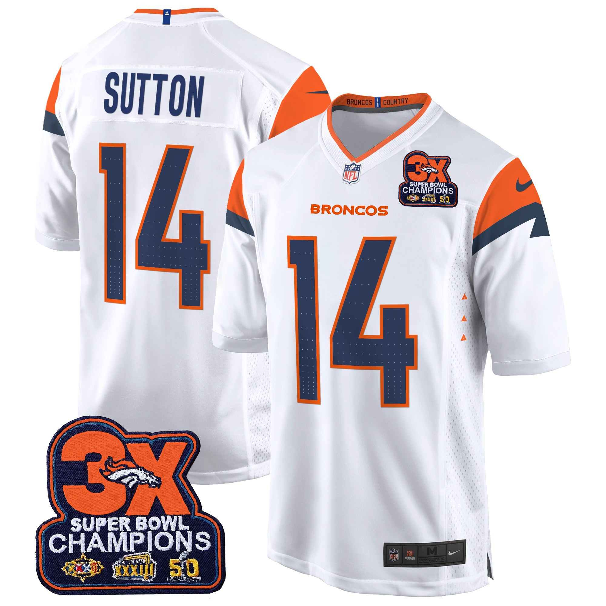 Courtland Sutton Men's Denver Broncos 3-Time Champions Patch Game White Jersey - Al Stitched