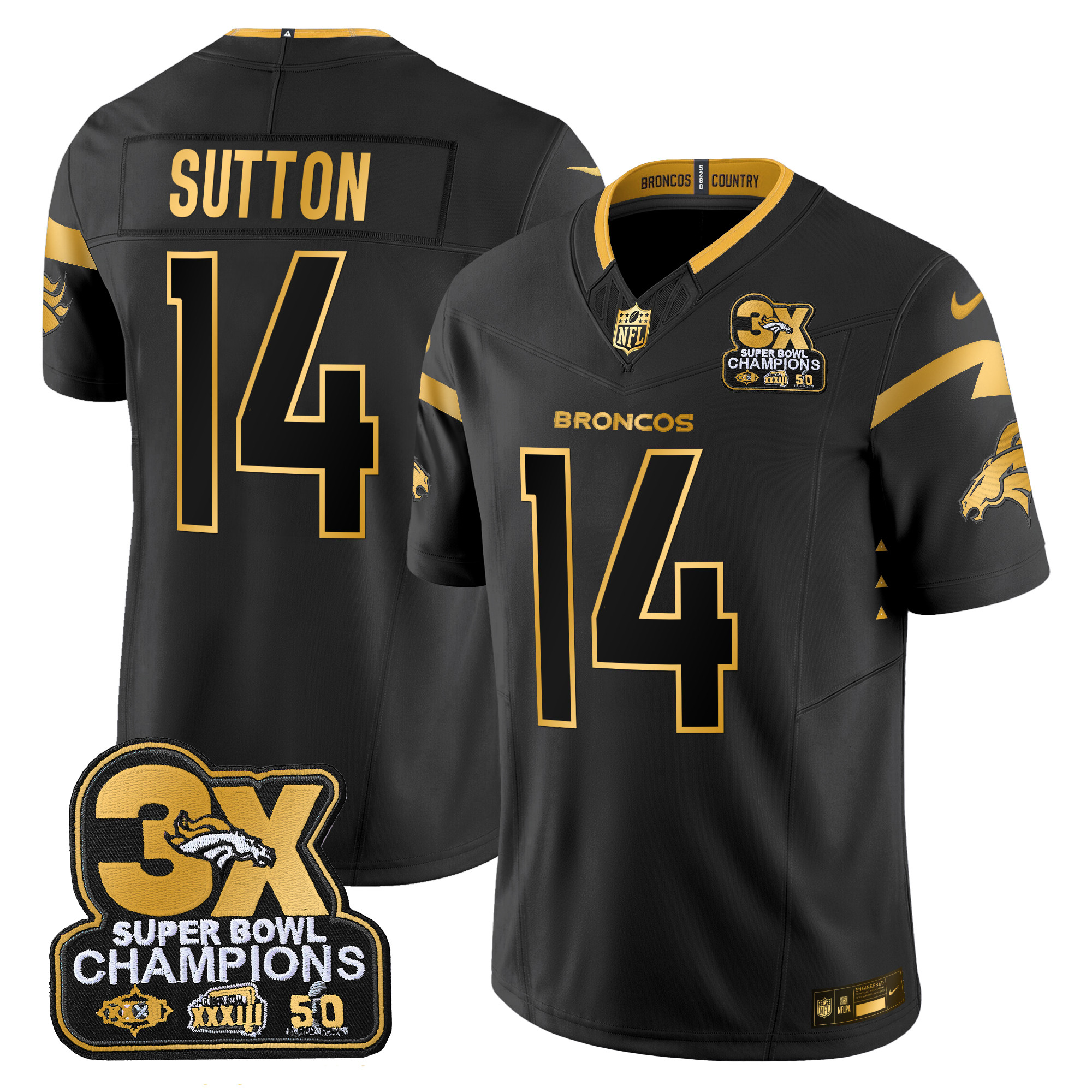 Courtland Sutton Men's Denver Broncos 3-Time Champions Patch Gold Vapor Limited Black Gold Jersey - All Stitched