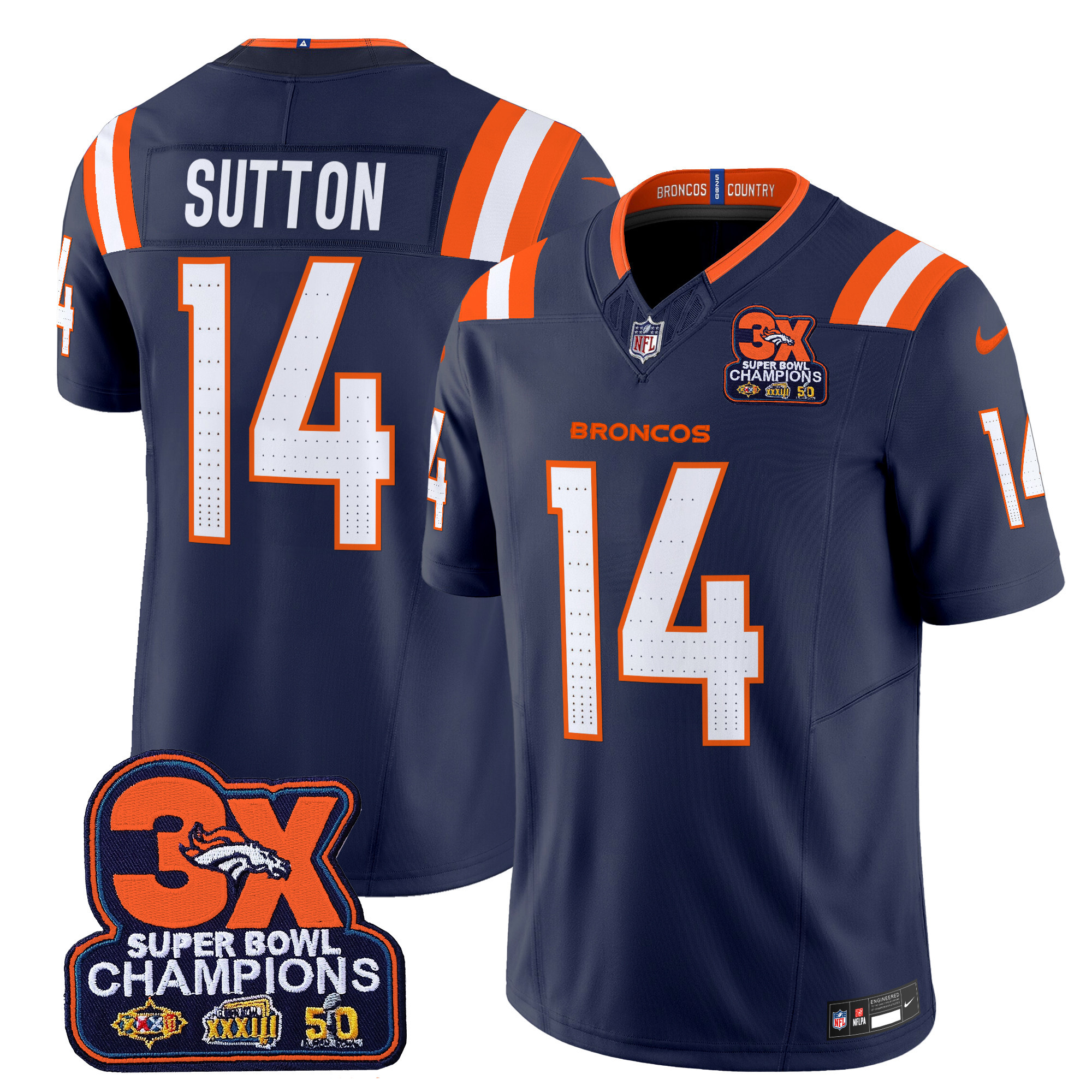 Courtland Sutton Men's Denver Broncos 3-Time Champions Patch Vapor Limited Navy Jersey V2 - All Stitched