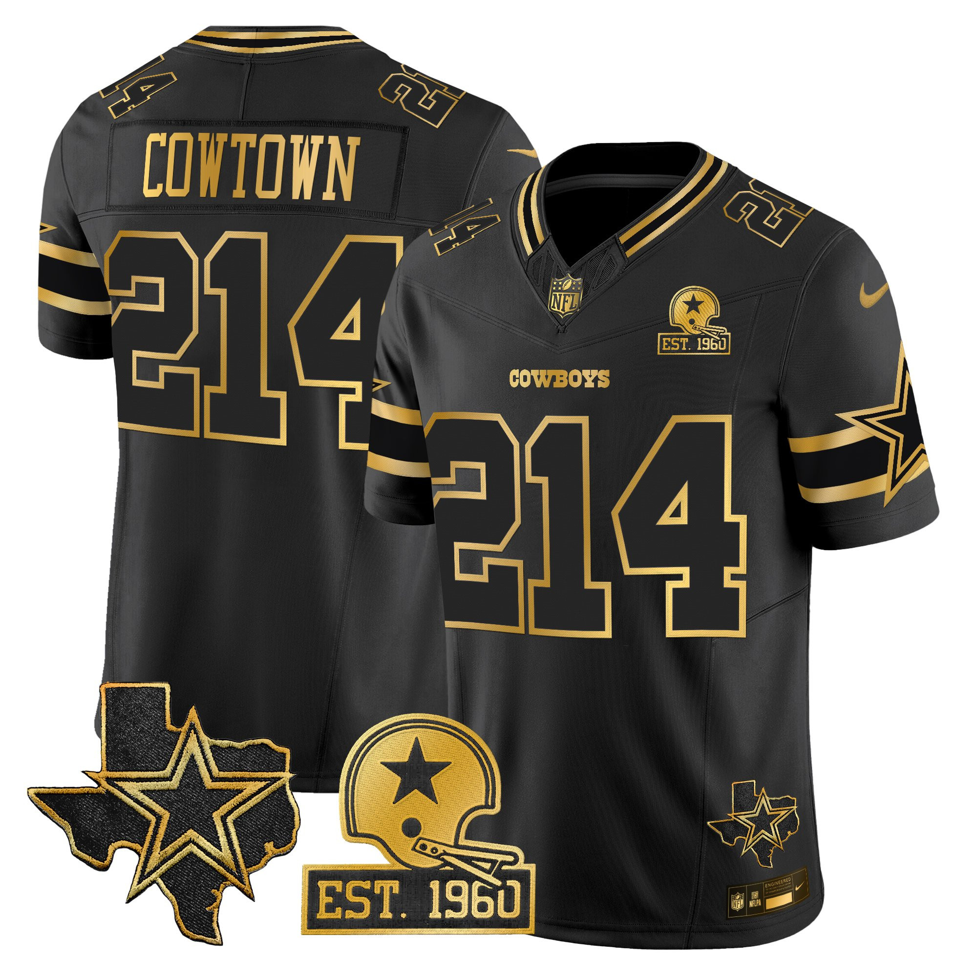 Cowtown 214 Men's Dallas Cowboys Est. 1960 & Texas Patch Gold Vapor Limited Black Gold Jersey - All Stitched