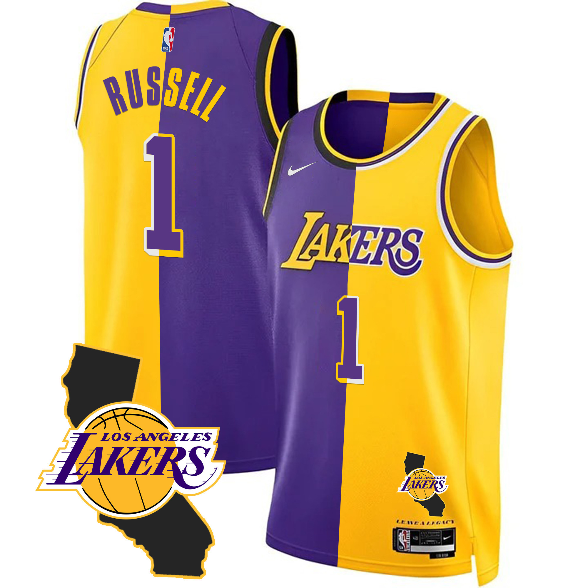 DAngelo Russell Men's Los Angeles Lakers California Patch Split Jersey - All Stitched