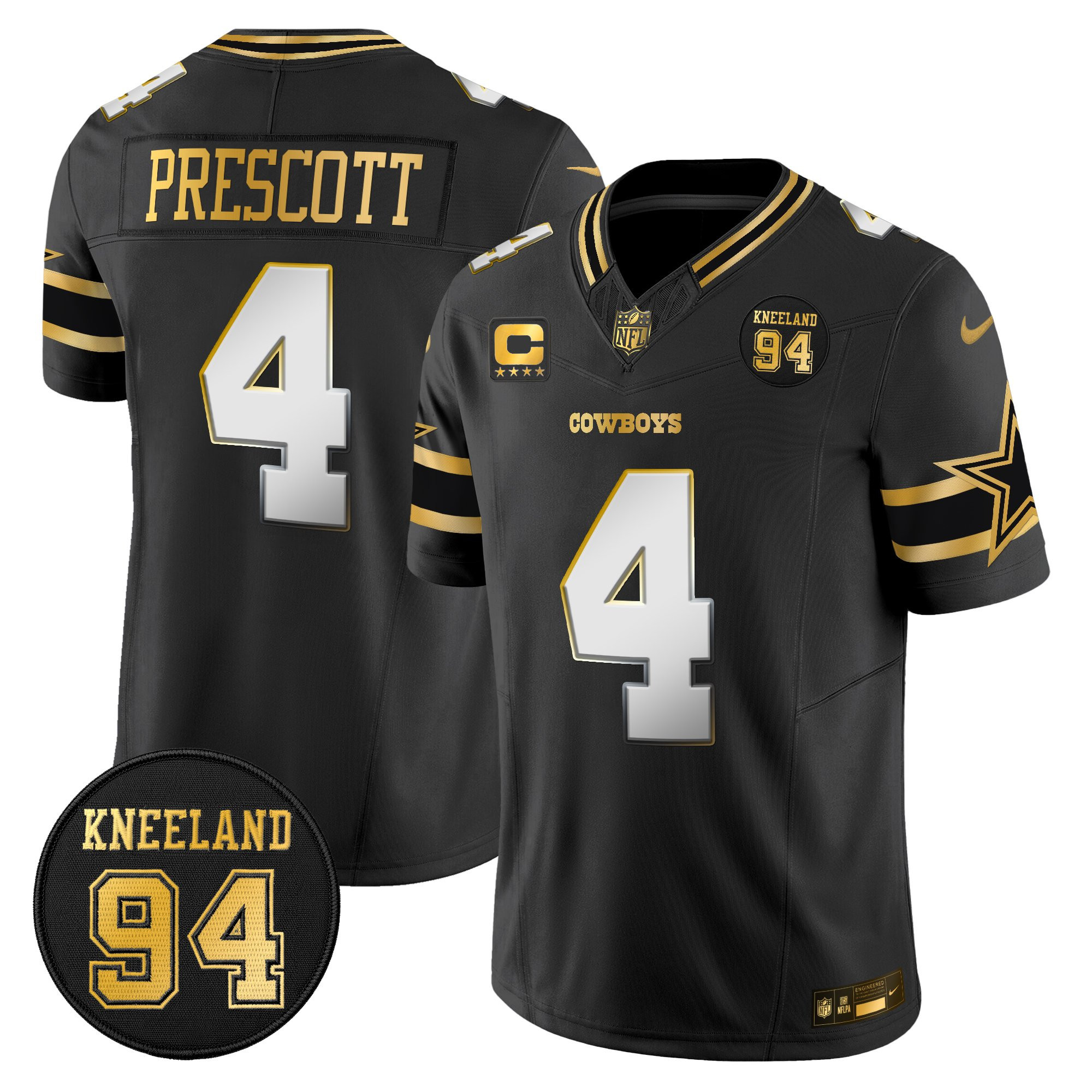 Dak Prescott Men's Dallas Cowboys #94 Marshawn Kneeland Memorial Patch Gold Vapor Limited Black Limited Jersey - All Stitched