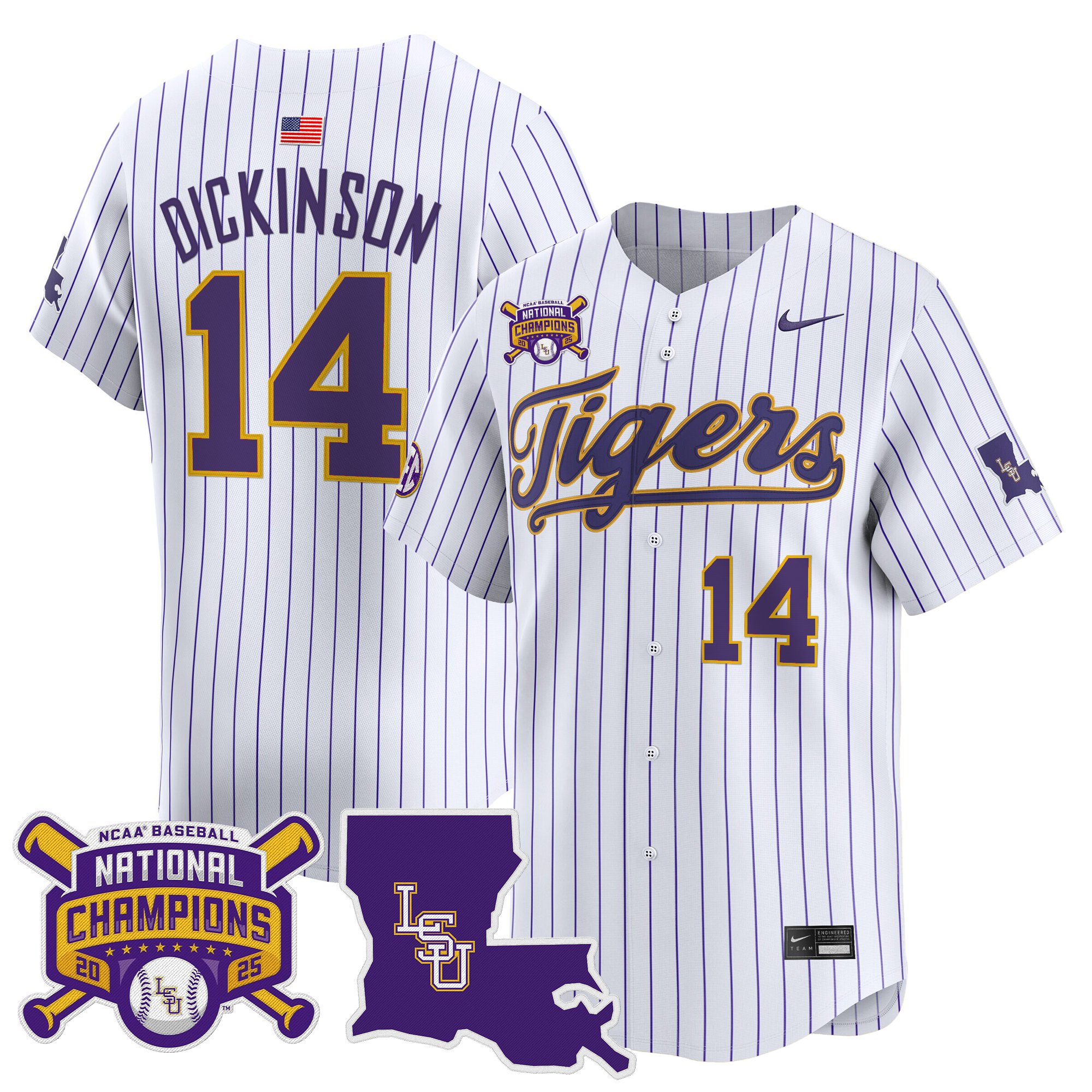 Daniel Dickinson Men's LSU Tigers 2025 College World Series Champions Vapor Premier Limited Pinstripe Jersey - All Stitched
