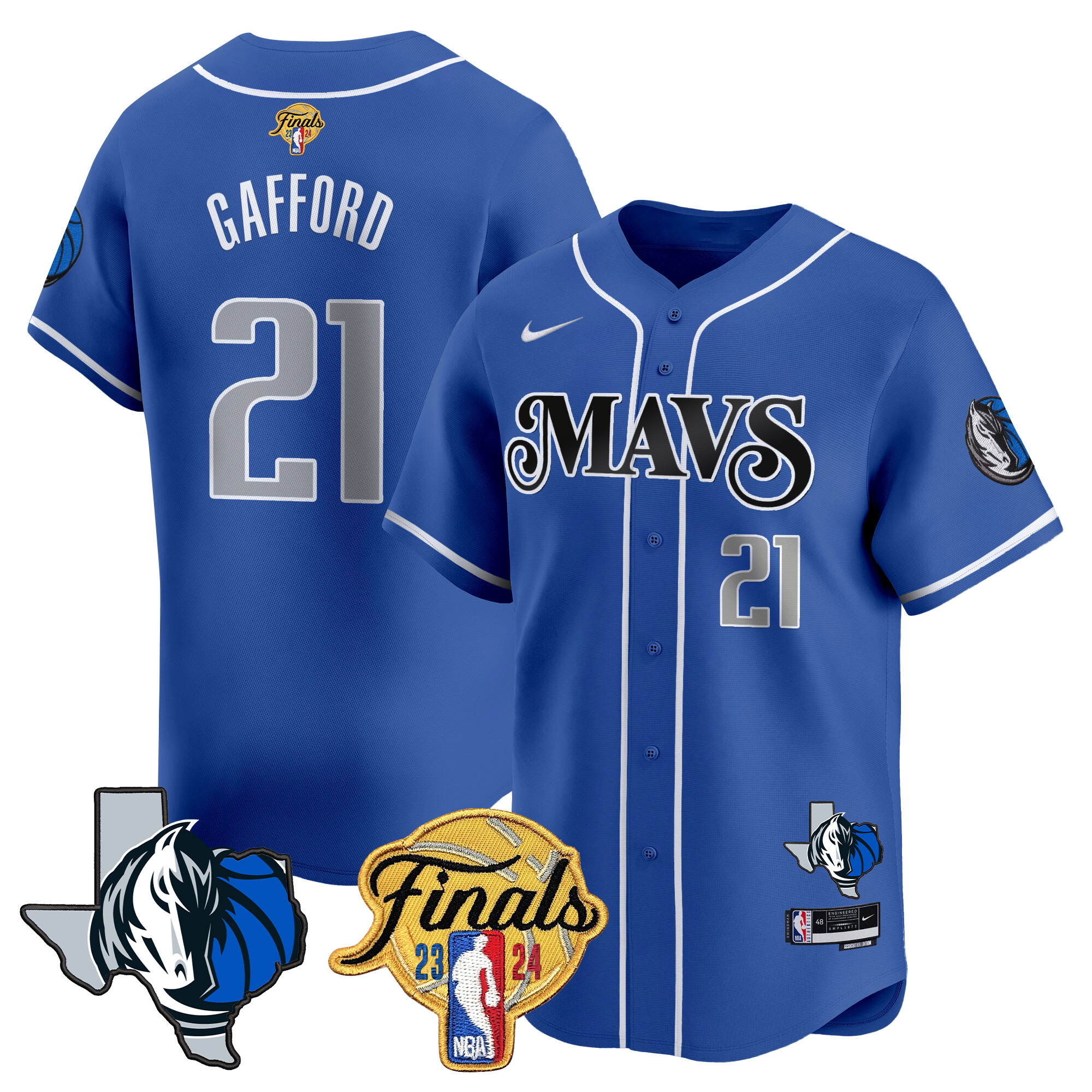 Daniel Gafford Men's Dallas Mavericks 2024 Finals & Texas Patch Baseball Blue Jersey - All Stitched