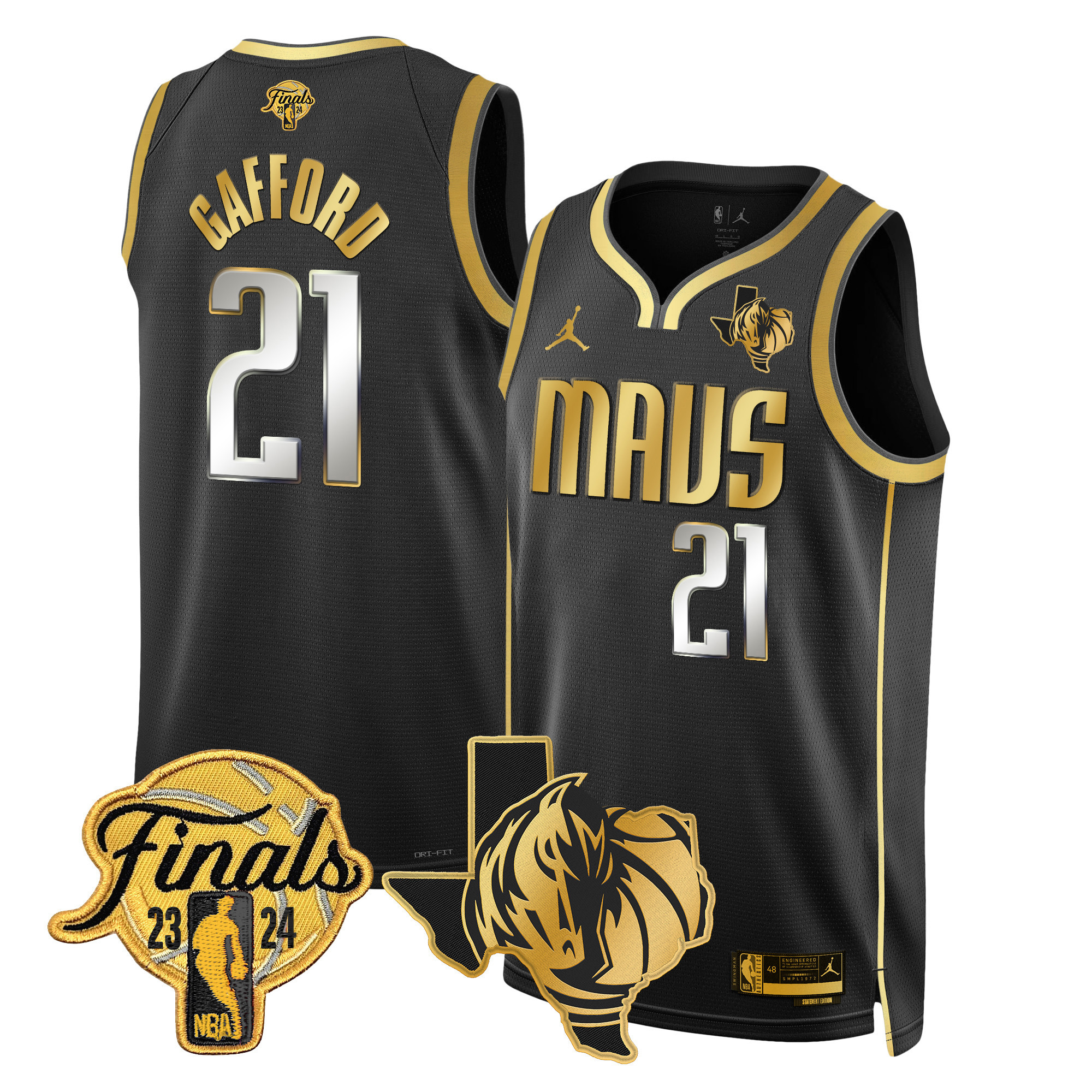 Daniel Gafford Men's Dallas Mavericks 2024 Finals & Texas Patch Swingman Black Gold Jersey - All Stitched