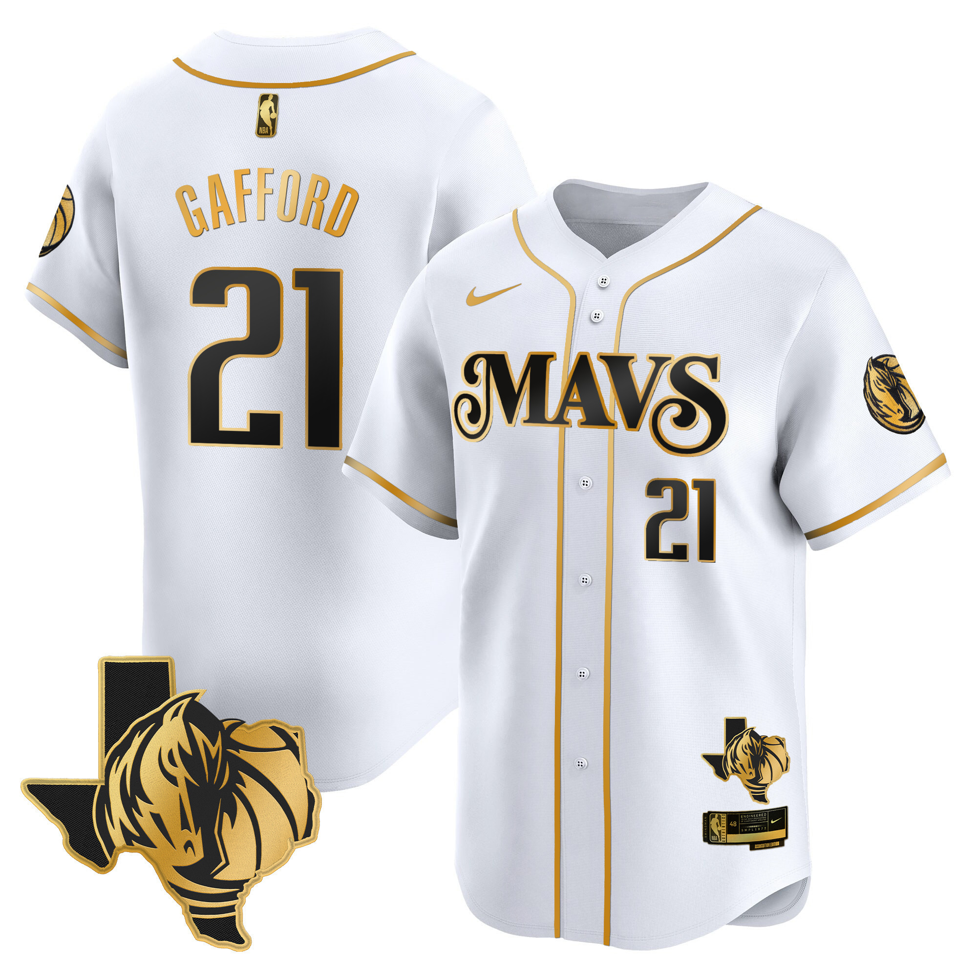 Daniel Gafford Men's Dallas Mavericks Texas Patch Baseball White Gold Jersey - All Stitched