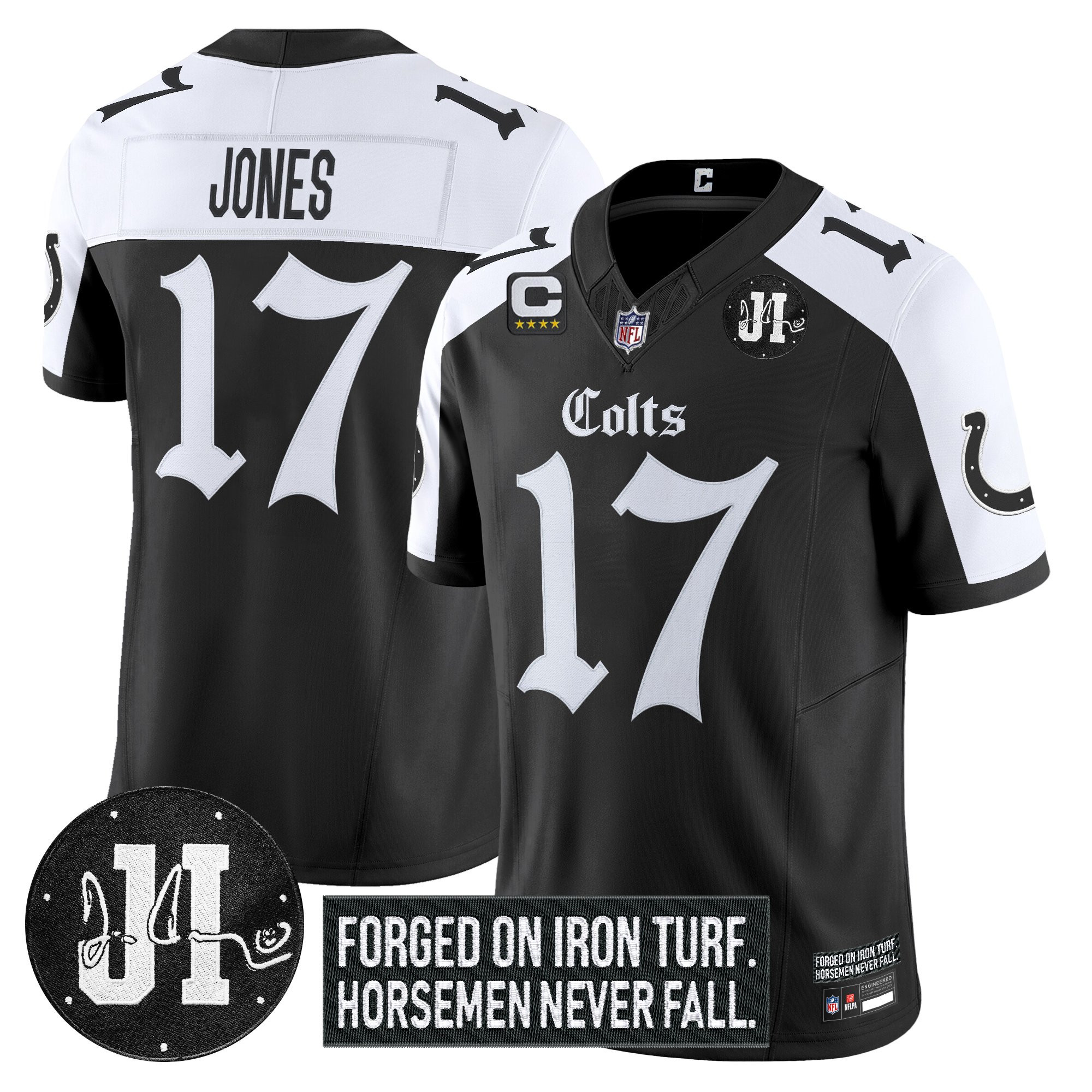Daniel Jones Men's Indianapolis Colts 2025 Gothic Iron Hoof Edition Vapor Limited Alternate Jersey - Jim Irsay Patch - All Stitched