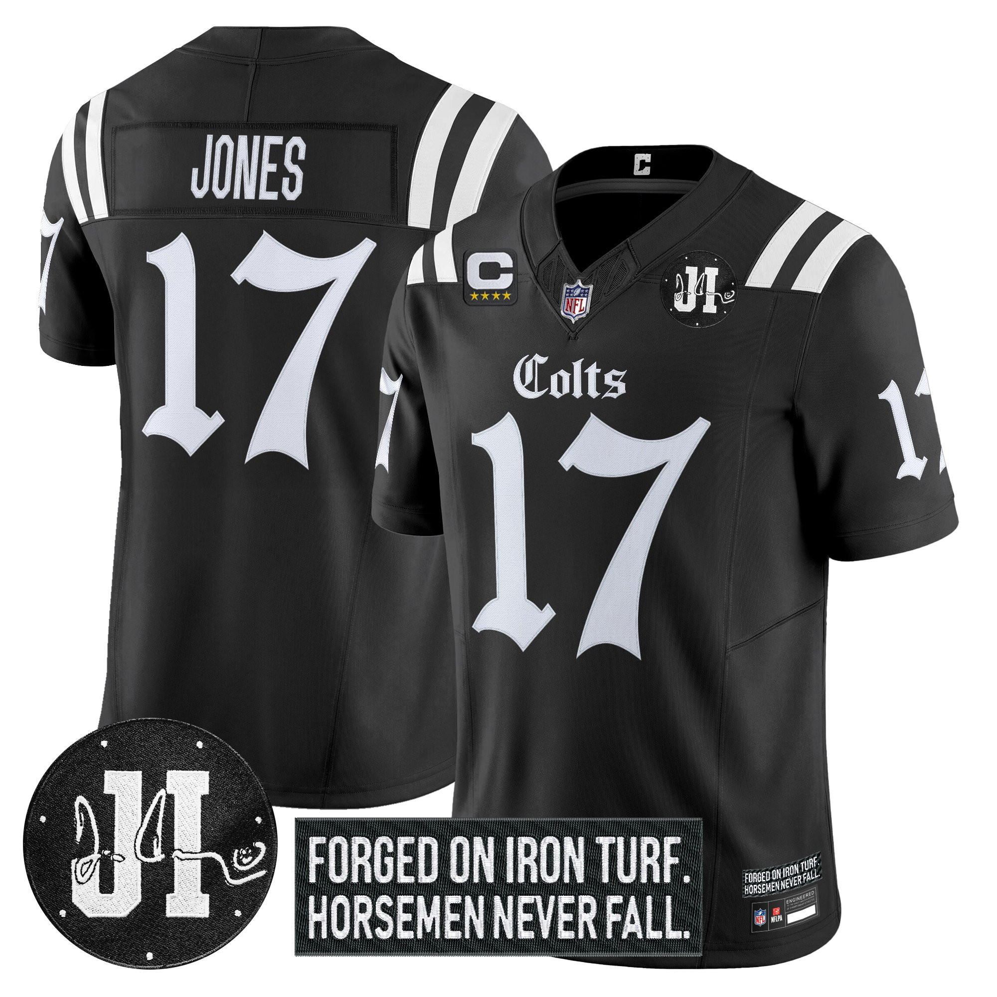 Daniel Jones Men's Indianapolis Colts 2025 Gothic Iron Hoof Edition Vapor Limited Black Jersey - Jim Irsay Patch - All Stitched