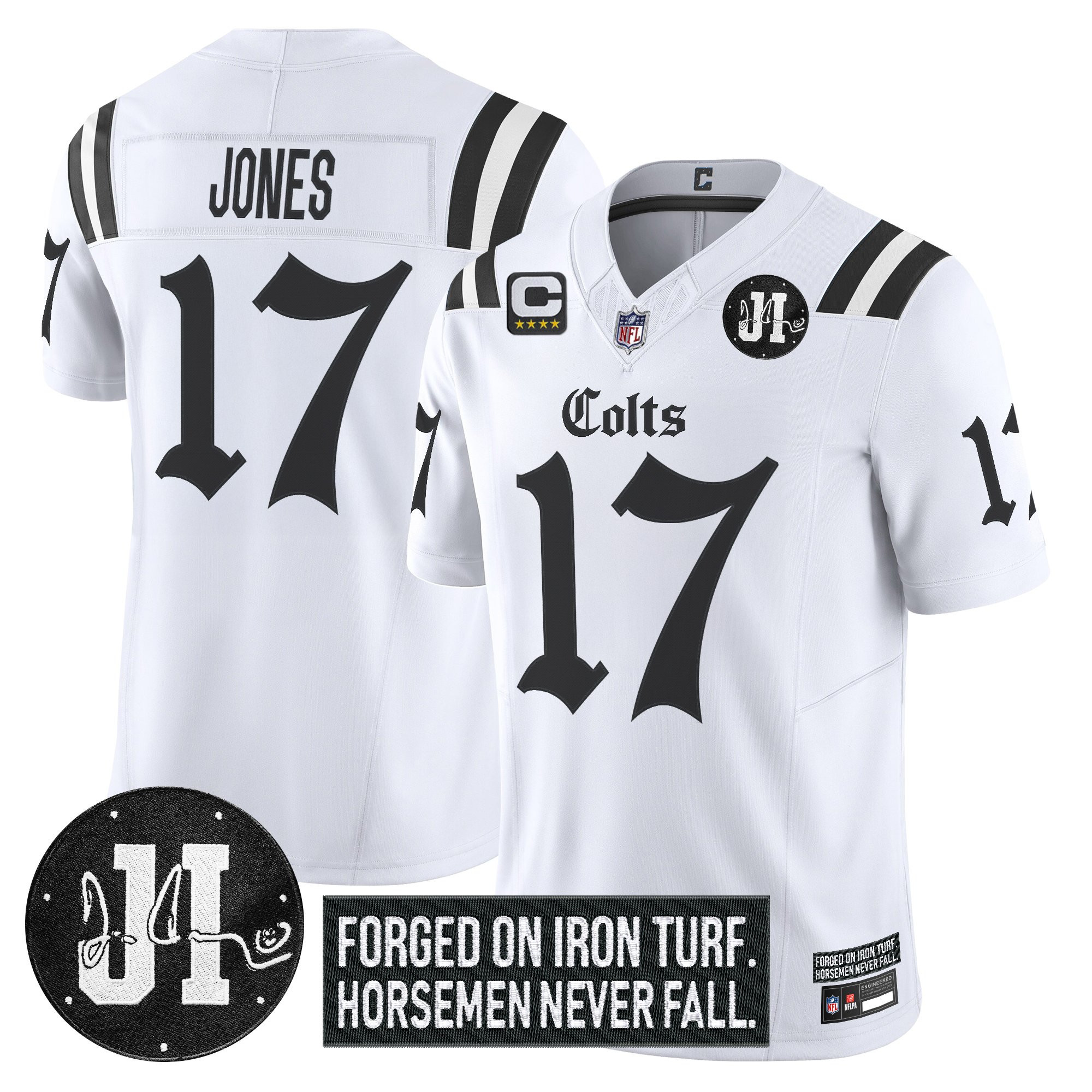 Daniel Jones Men's Indianapolis Colts 2025 Gothic Iron Hoof Edition Vapor Limited White Jersey - Jim Irsay Patch - All Stitched