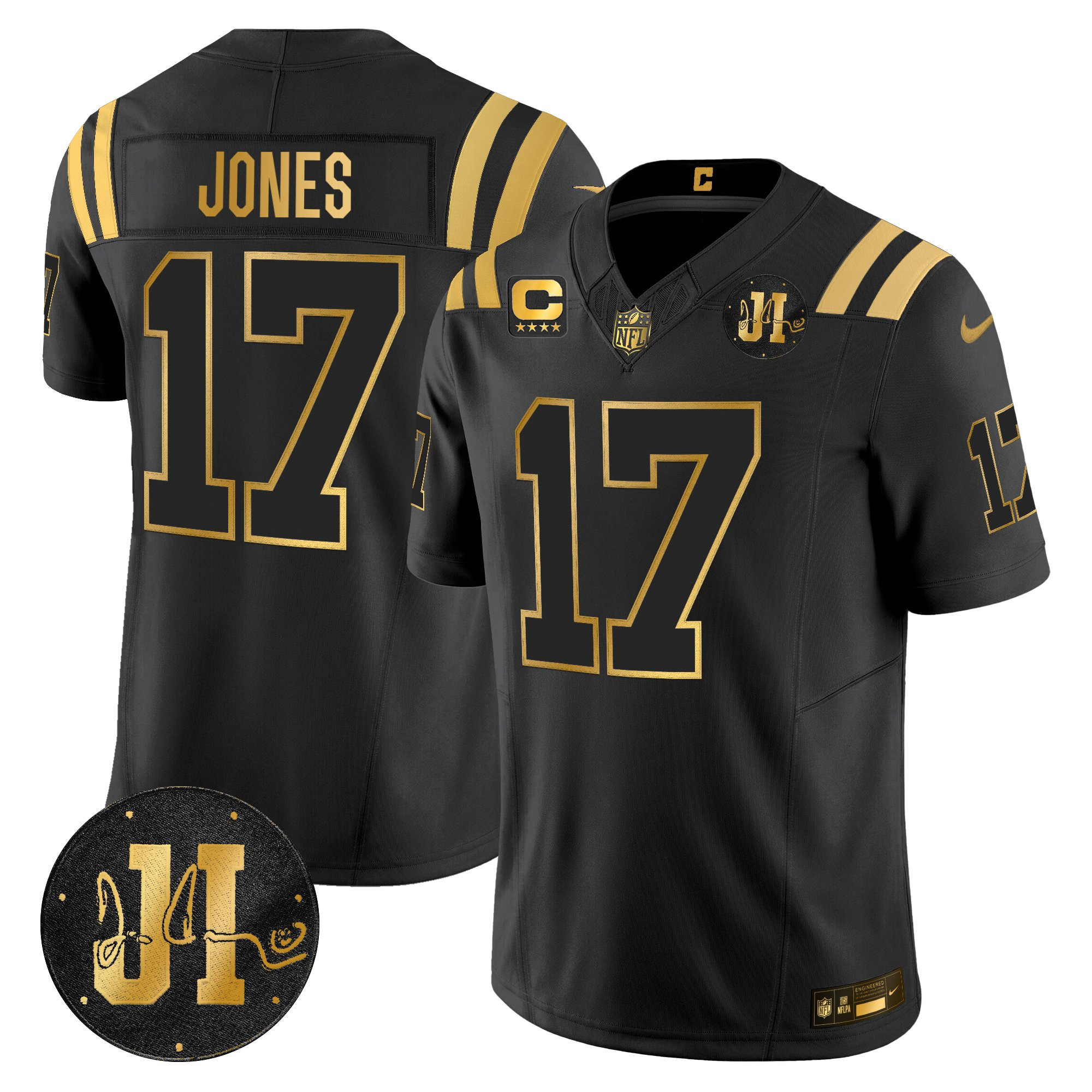 Daniel Jones Men's Indianapolis Colts 2025 Jim Irsay Patch Gold Vapor Limited Black Gold Jersey - All Stitched