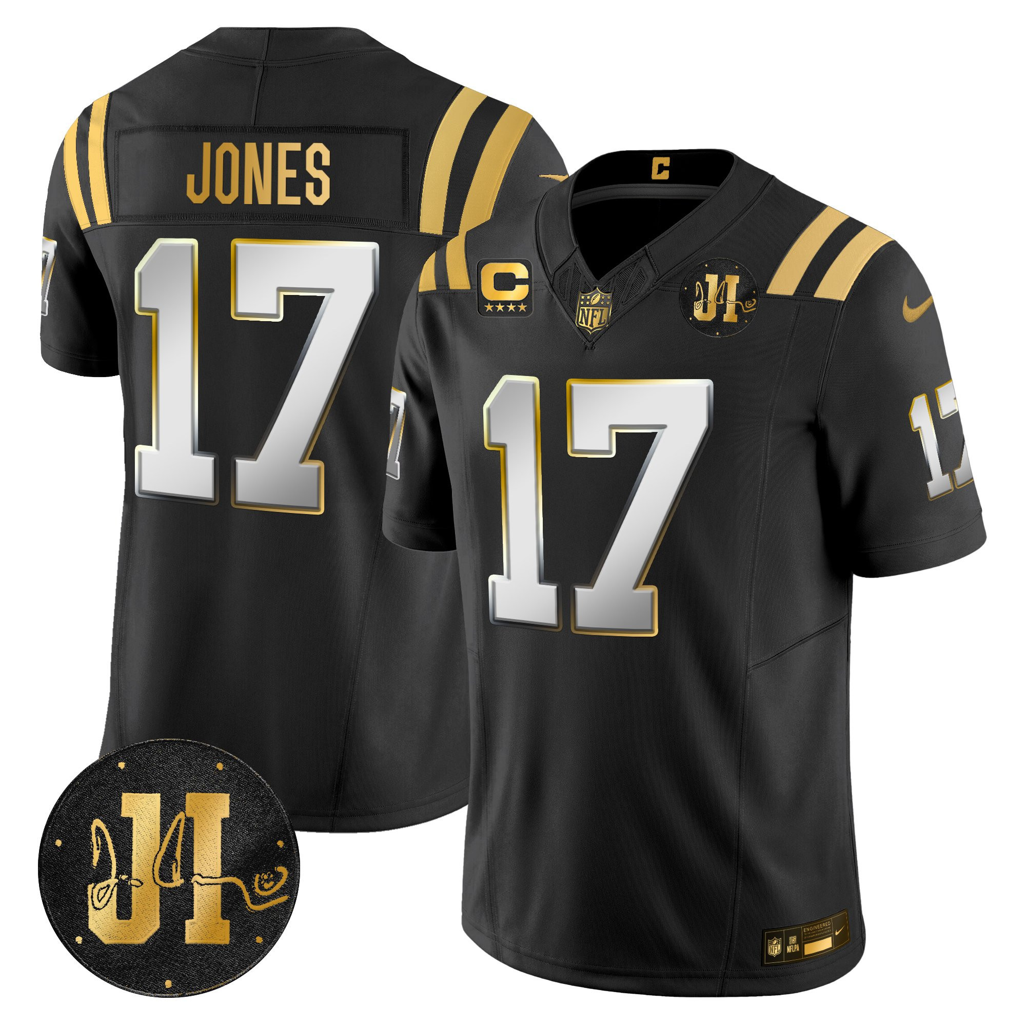 Daniel Jones Men's Indianapolis Colts 2025 Jim Irsay Patch Gold Vapor Limited Black Limited Jersey - All Stitched
