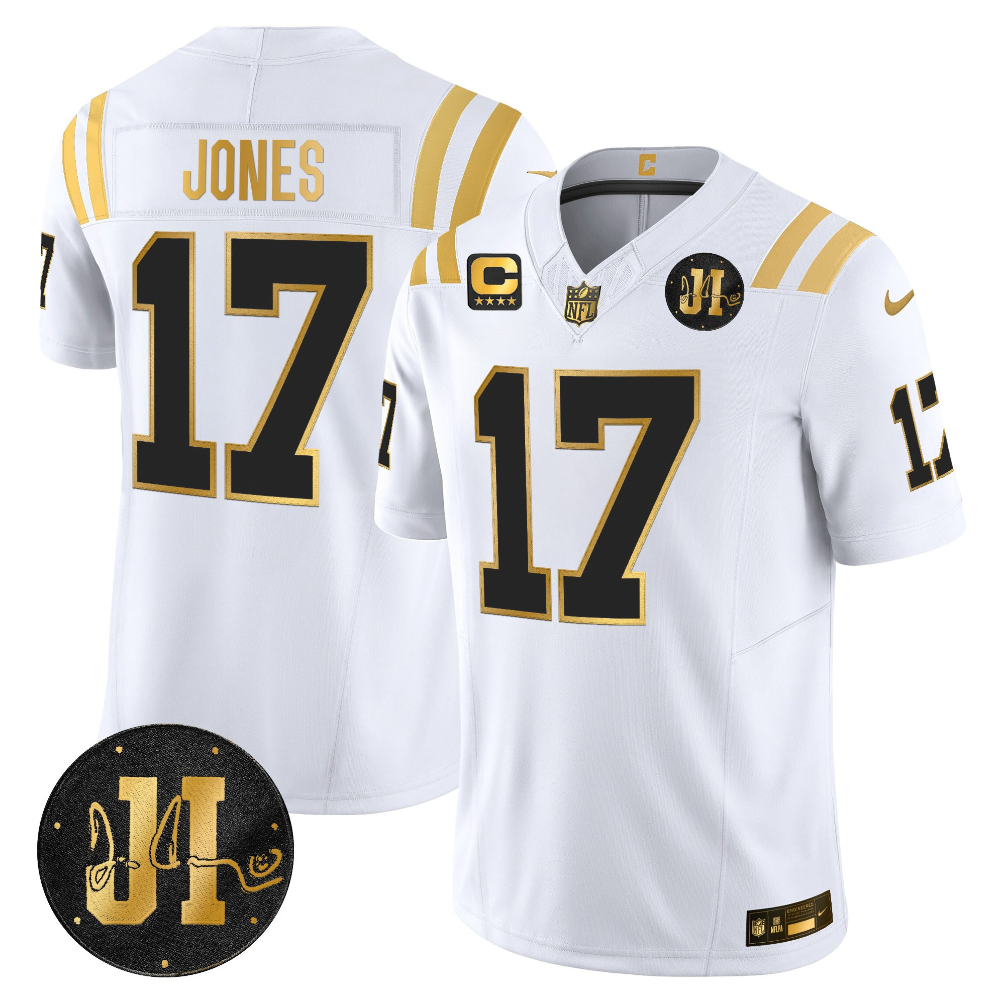 Daniel Jones Men's Indianapolis Colts 2025 Jim Irsay Patch Gold Vapor Limited White Gold Jersey - All Stitched