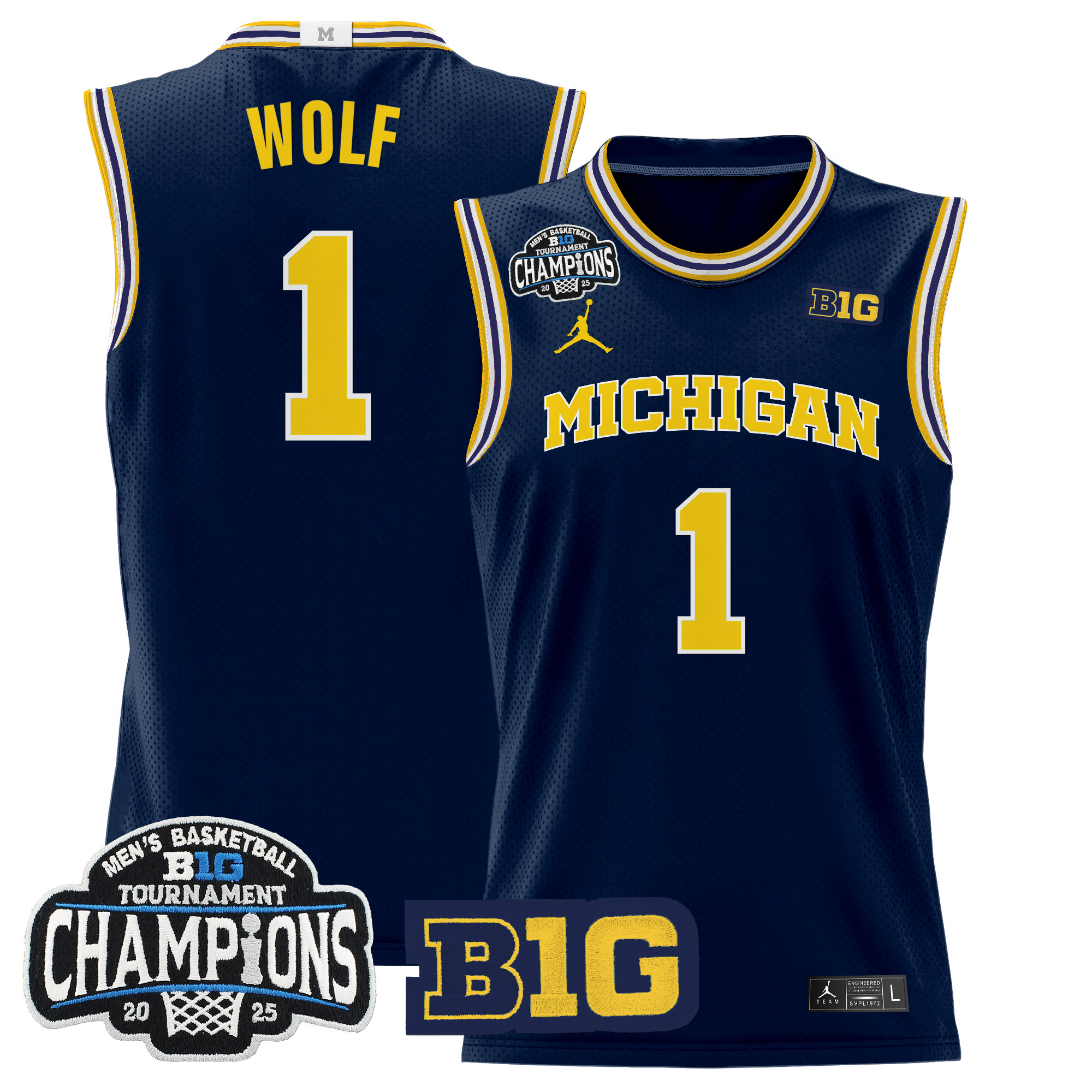 Danny Wolf Men's Michigan Wolverines 2025 Big Ten Conference Tournament Champions Basketball Navy Jersey - All Stitched