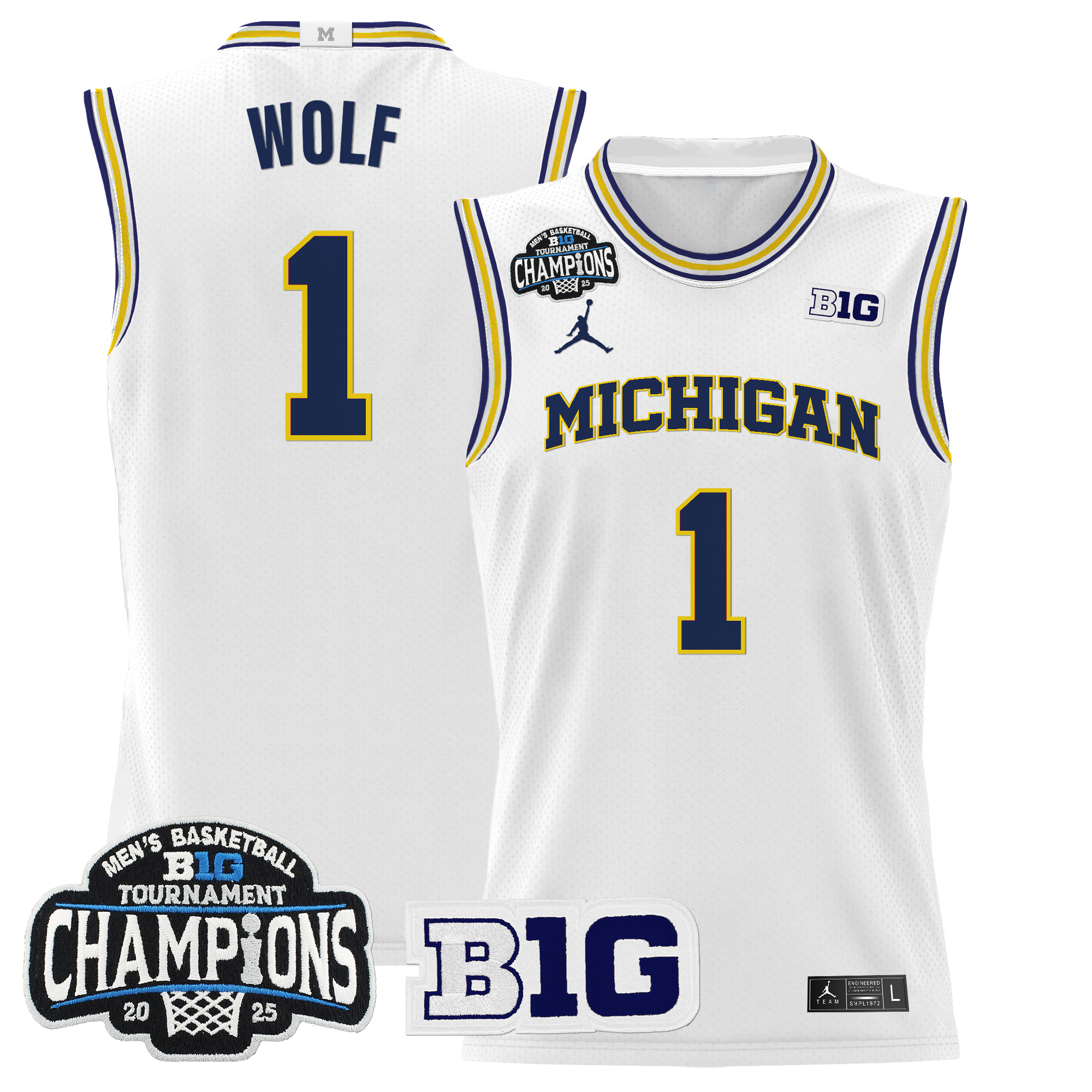 Danny Wolf Men's Michigan Wolverines 2025 Big Ten Conference Tournament Champions Basketball White Jersey - All Stitched