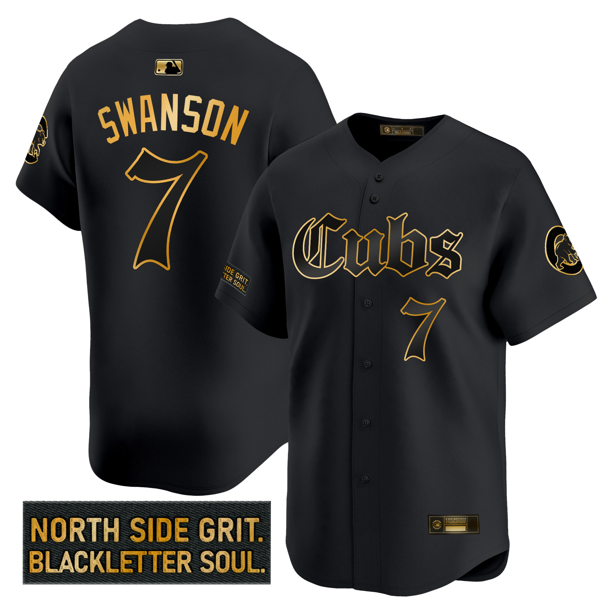 Dansby Swanson Men's Chicago Cubs 'Gothic North Side Edition Gold Vapor Premier Limited Black Gold Jersey - All Stitched