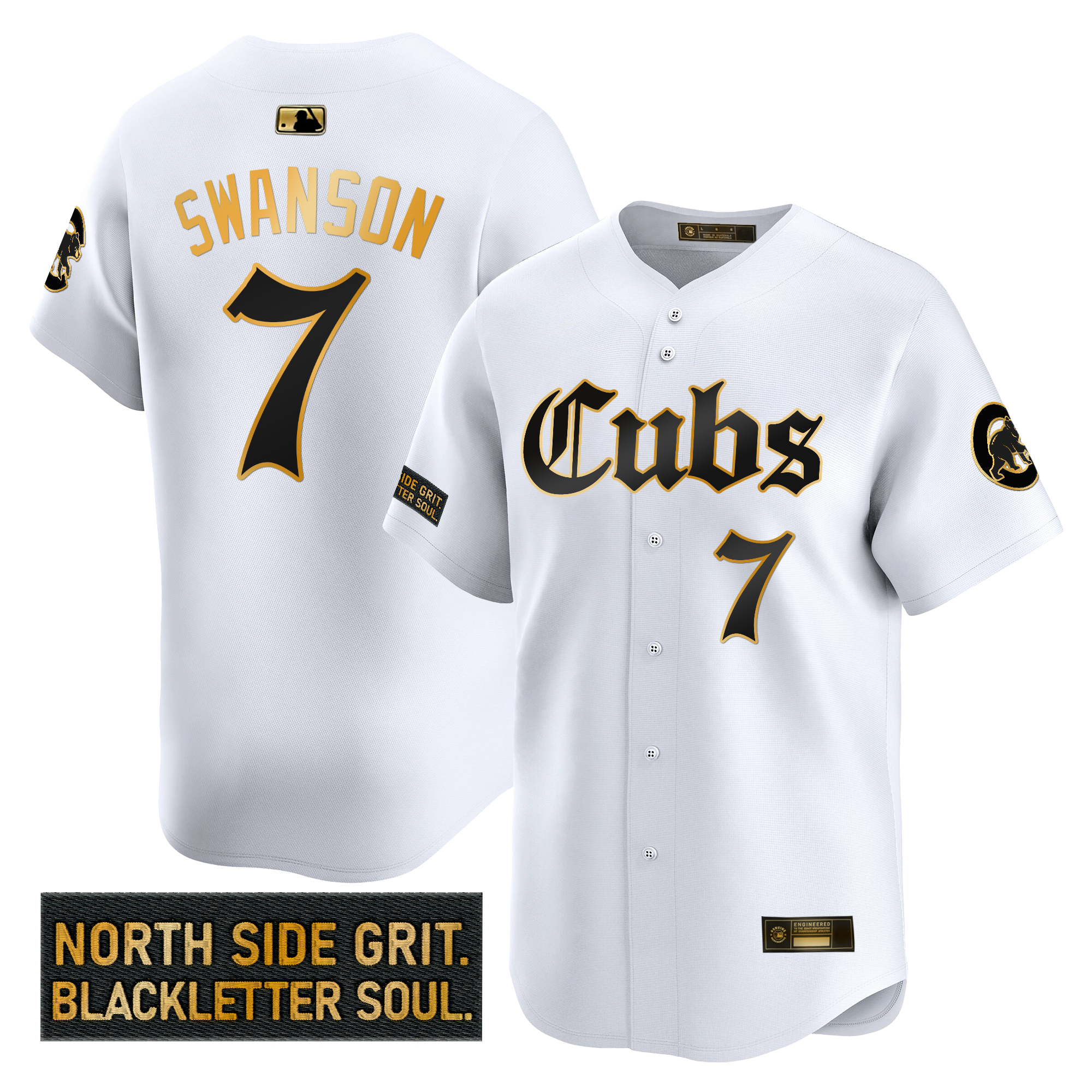 Dansby Swanson Men's Chicago Cubs 'Gothic North Side Edition Gold Vapor Premier Limited White Gold Jersey - All Stitched