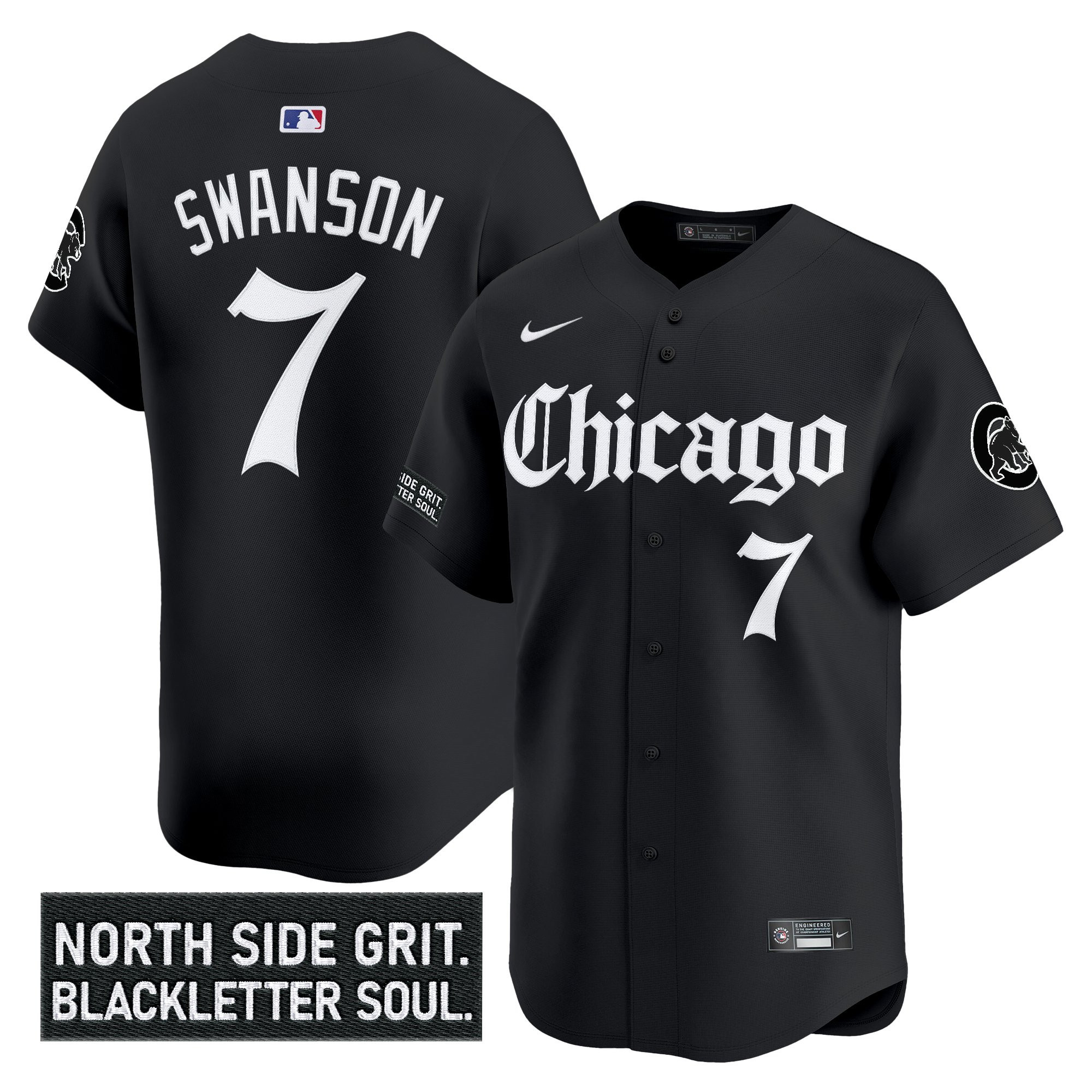 Dansby Swanson Men's Chicago Cubs Gothic North Side Edition Vapor Premier Limited Black Jersey V2 - All Stitched