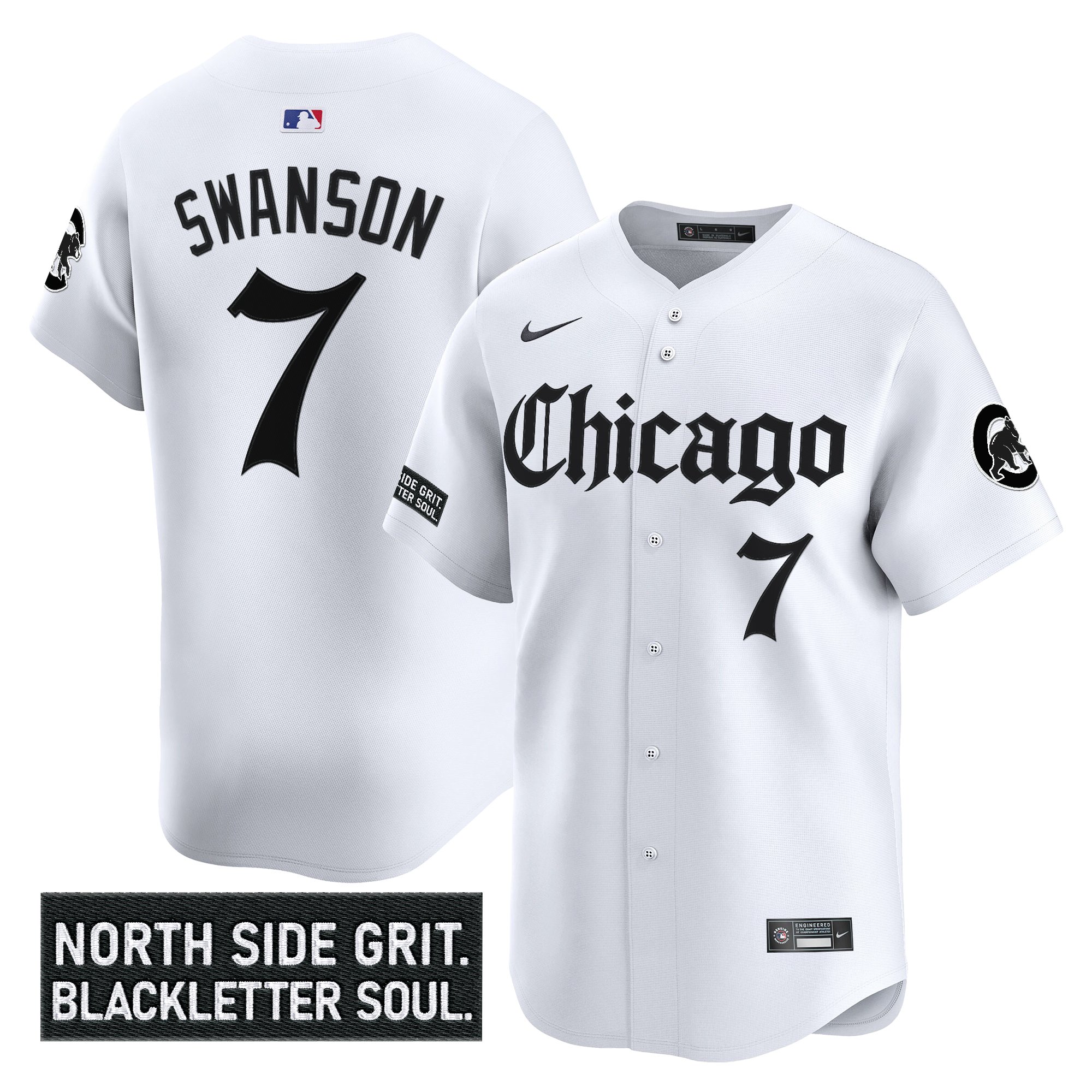 Dansby Swanson Men's Chicago Cubs Gothic North Side Edition Vapor Premier Limited White Jersey V2 - All Stitched