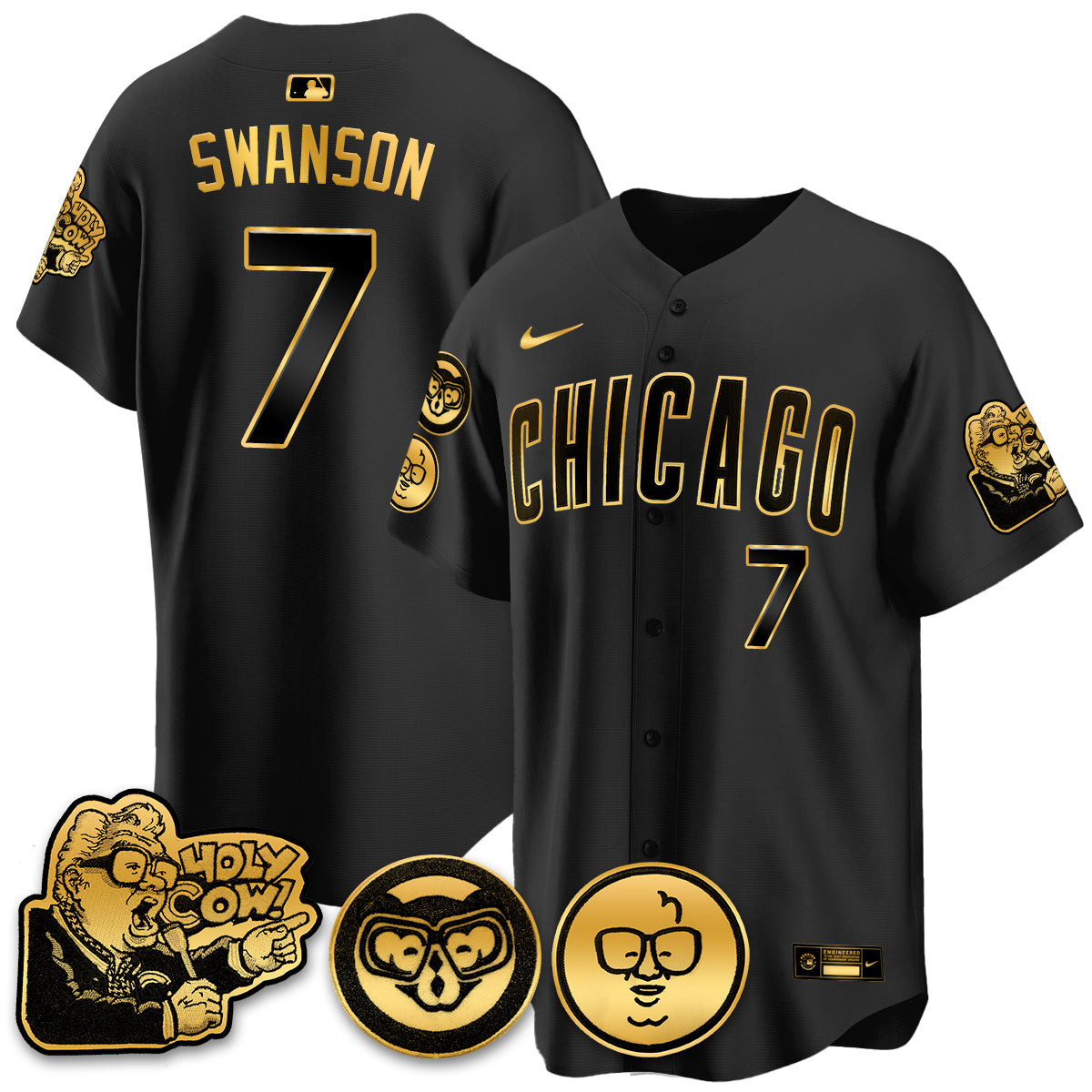 Dansby Swanson Men's Chicago Cubs Harry Caray Holy Cow Patch Premier Limited Black Gold Jersey - All Stitched