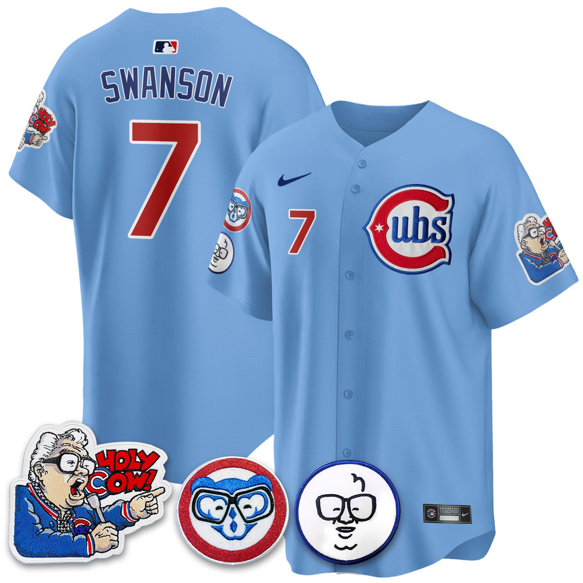 Dansby Swanson Men's Chicago Cubs Harry Caray Holy Cow Patch Premier Limited Blue Jersey - All Stitched