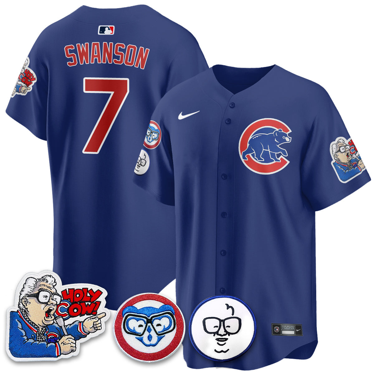 Dansby Swanson Men's Chicago Cubs Harry Caray Holy Cow Patch Premier Limited Royal Jersey - All Stitched