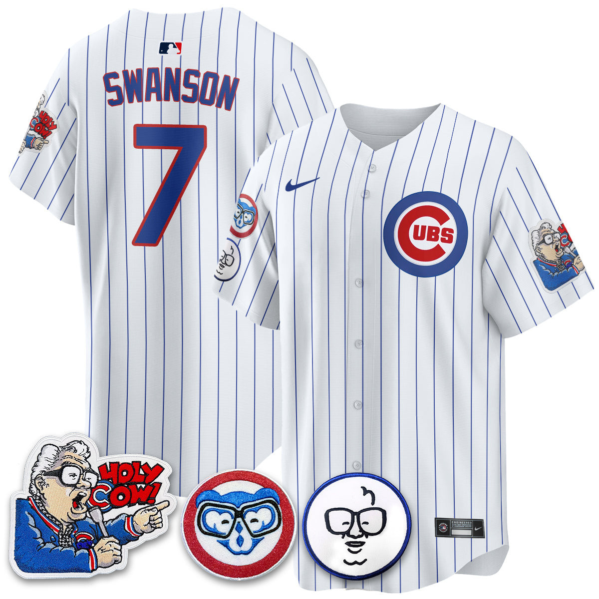 Dansby Swanson Men's Chicago Cubs Harry Caray Holy Cow Patch Premier Limited White Jersey - All Stitched