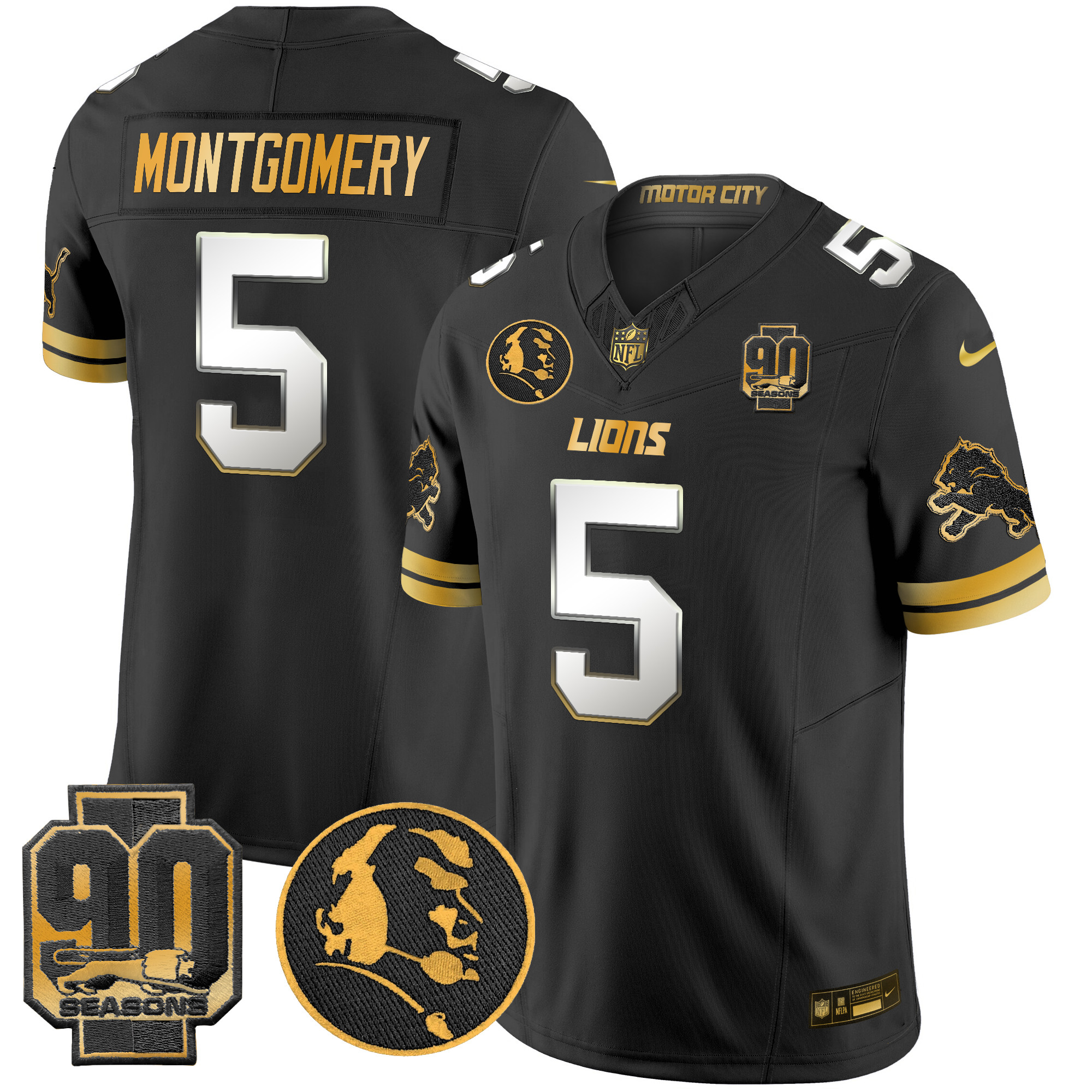 David Montgomery Men's Detroit Lions 2024 90th & John Madden Patch Gold Vapor Limited Black Limited Jersey V2 - All Stitched