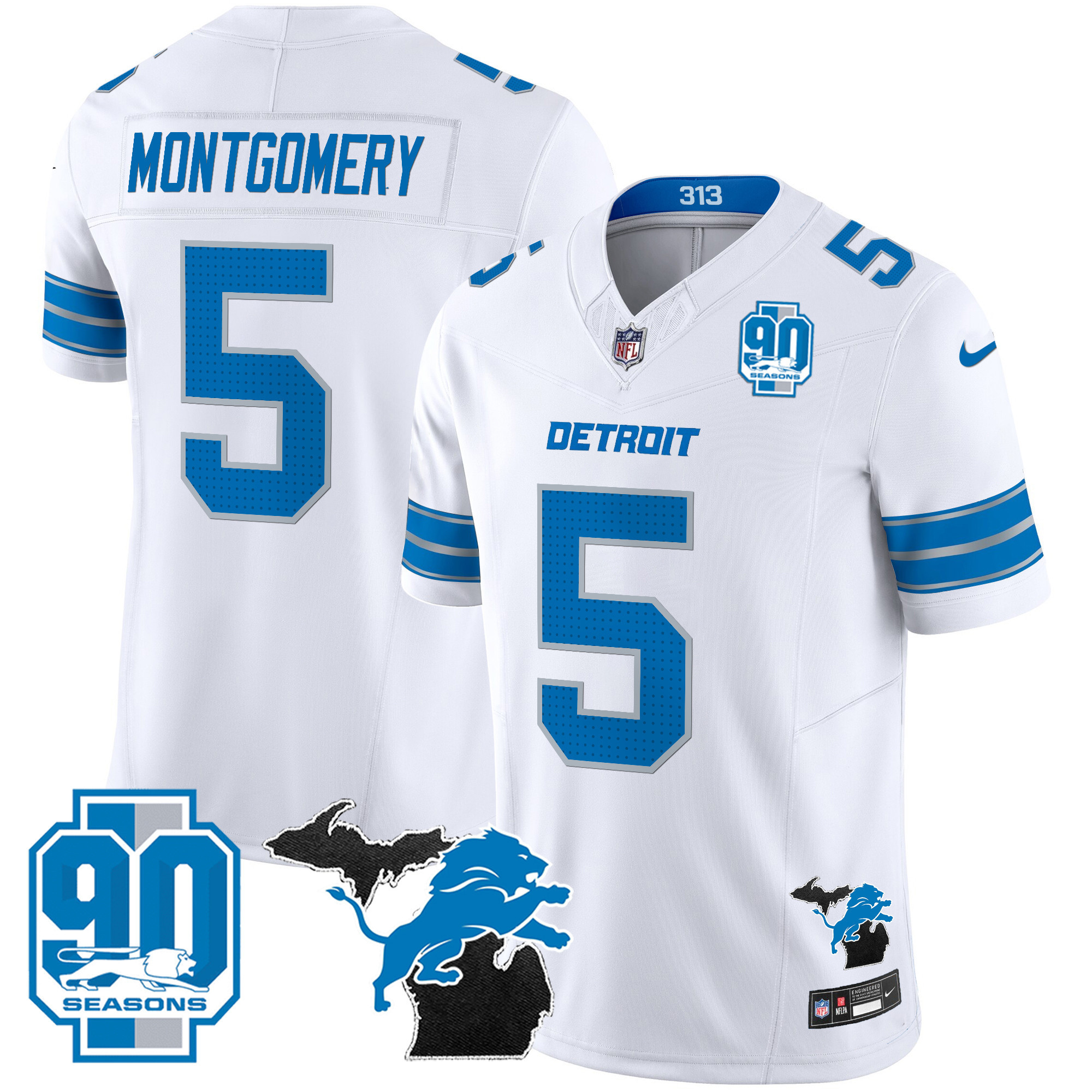 David Montgomery Men's Detroit Lions 2025 Michigan & 90th Year Patch Vapor White Jersey - All Stitched