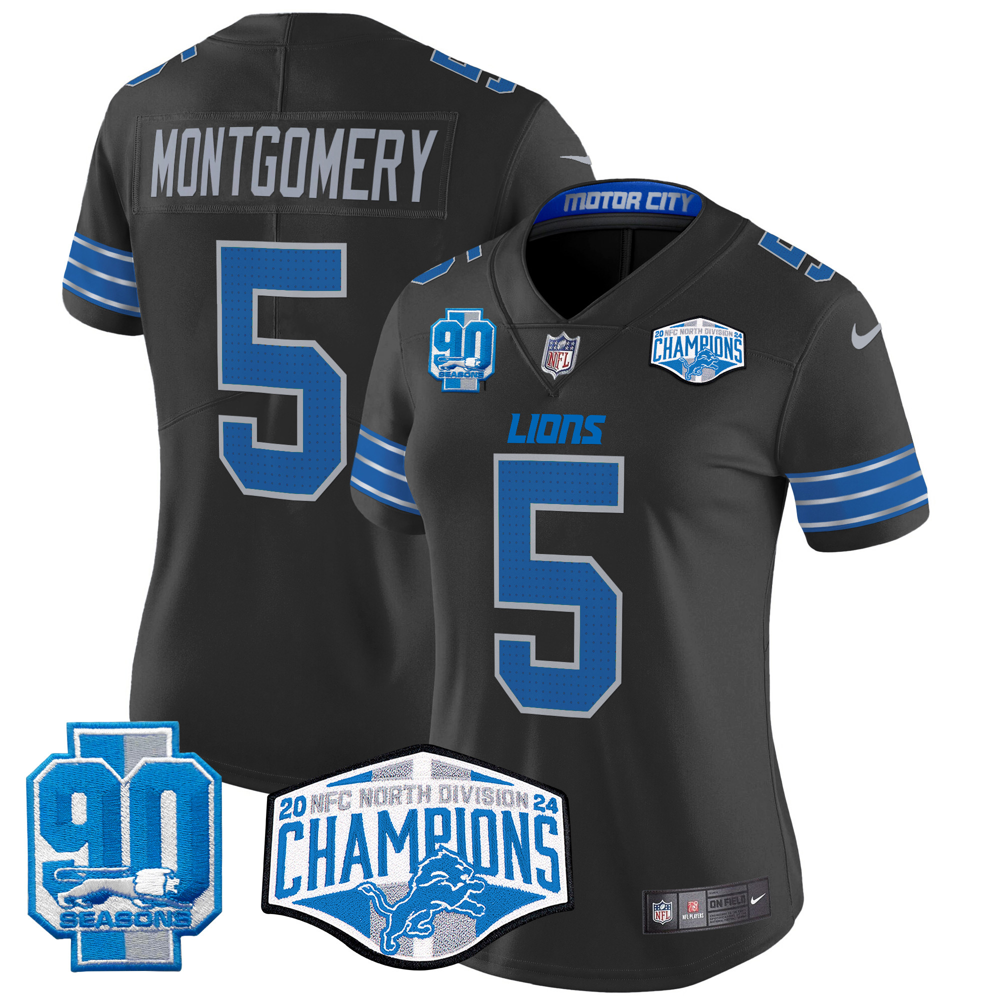 David Montgomery Women's Detroit Lions 2024 NFC North Division Champions Patch Vapor Limited Black Jersey - All Stitched