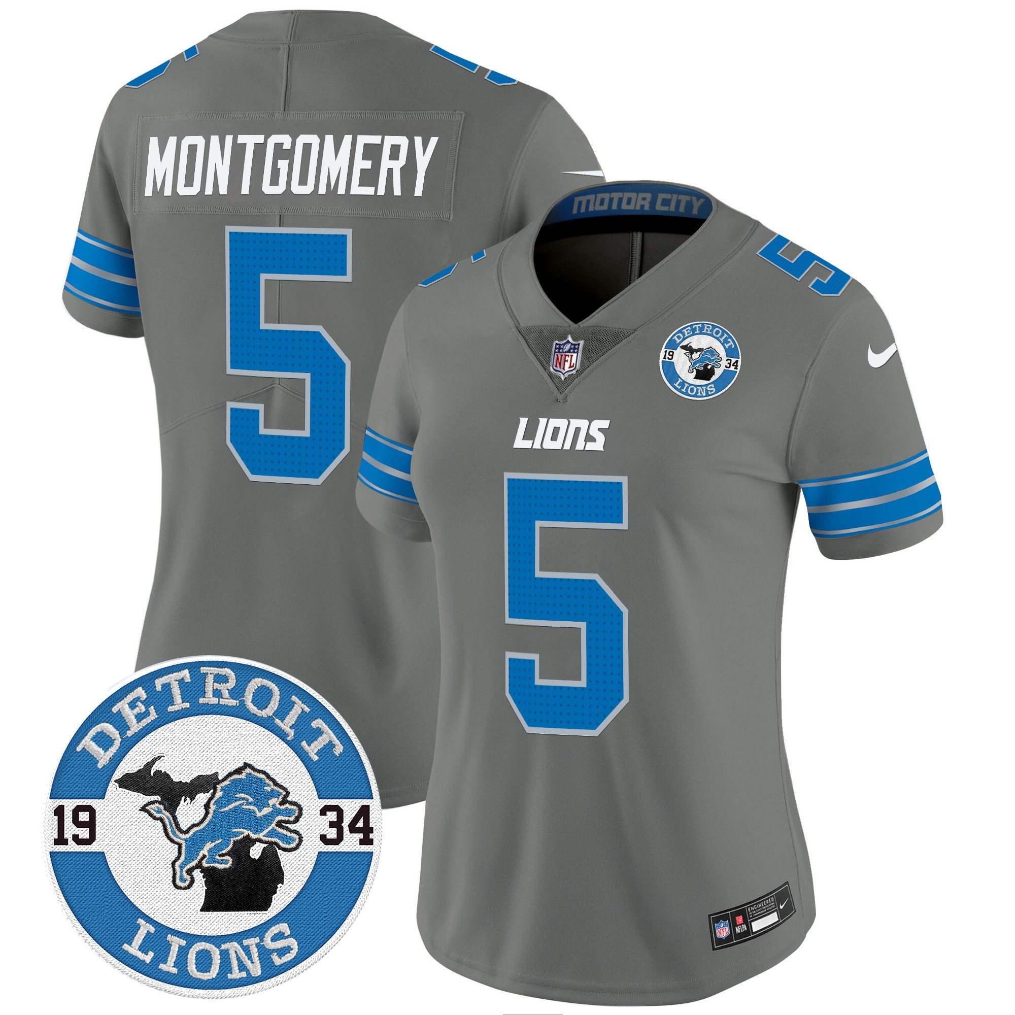 David Montgomery Women's Detroit Lions 2024 Vapor Limited Gray Jersey - Est. 1934 Patch - All Stitched