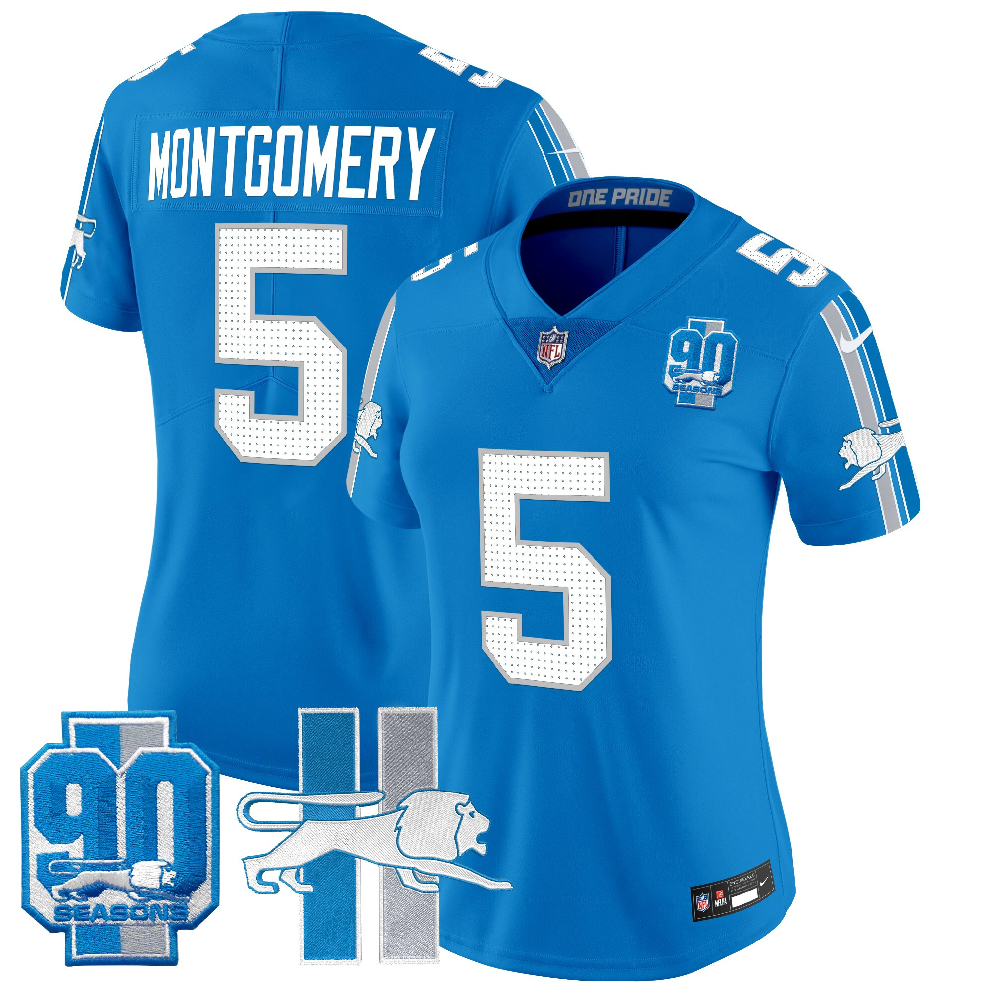 David Montgomery Women's Detroit Lions Throwback 90th Year Patch Vapor Limited Blue Jersey - All Stitched