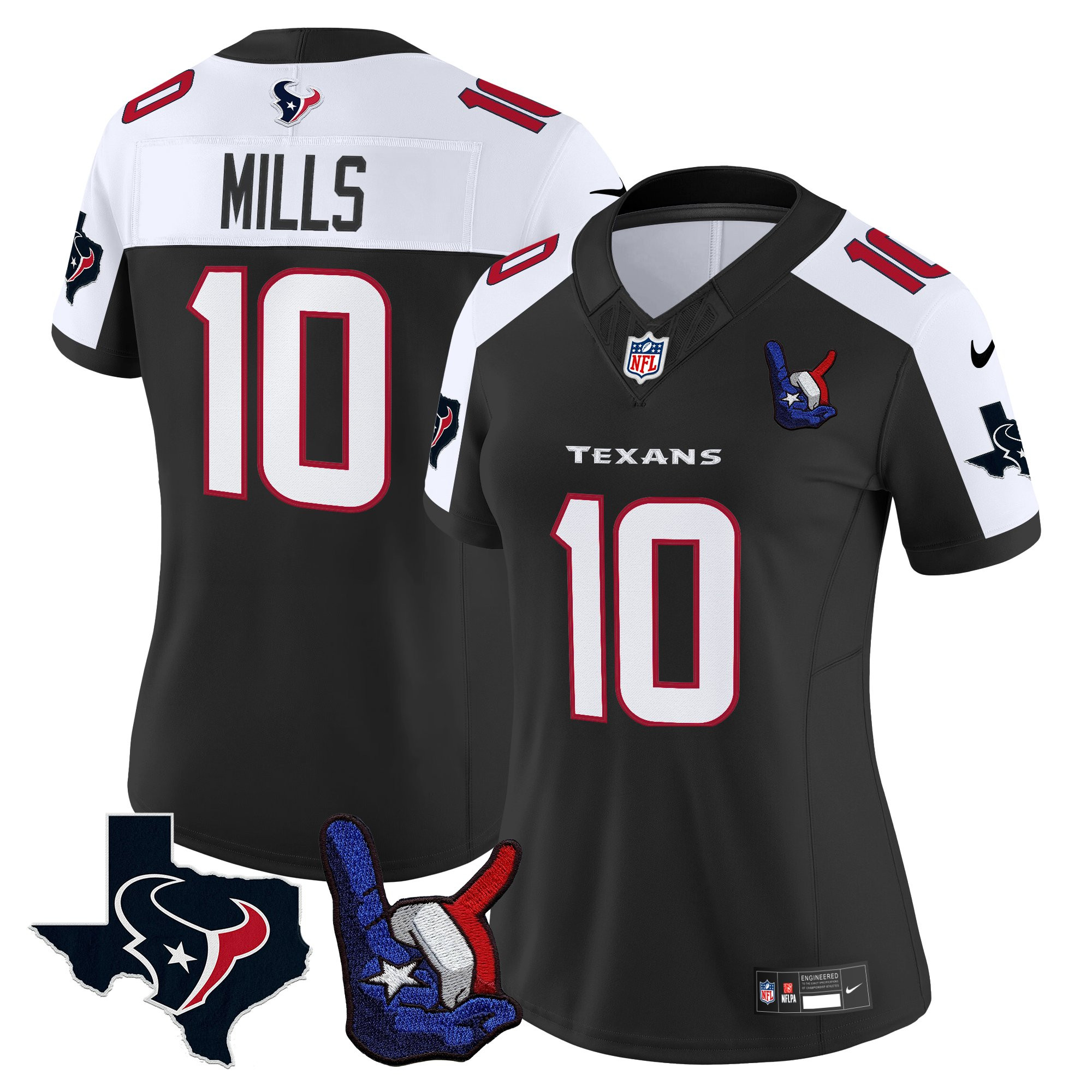 Davis Mills Women's Houston Texans Hand Sign Throwing Up The H Vapor Black Alternate Jersey - All Stitched