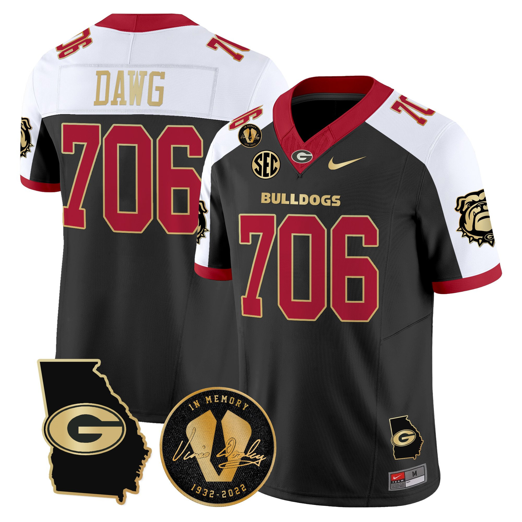 Dawg 706 Men's Georgia Bulldogs 2025 Georgia Map & Vince Dooley Patch Vapor Limited Alternate Jersey - All Stitched