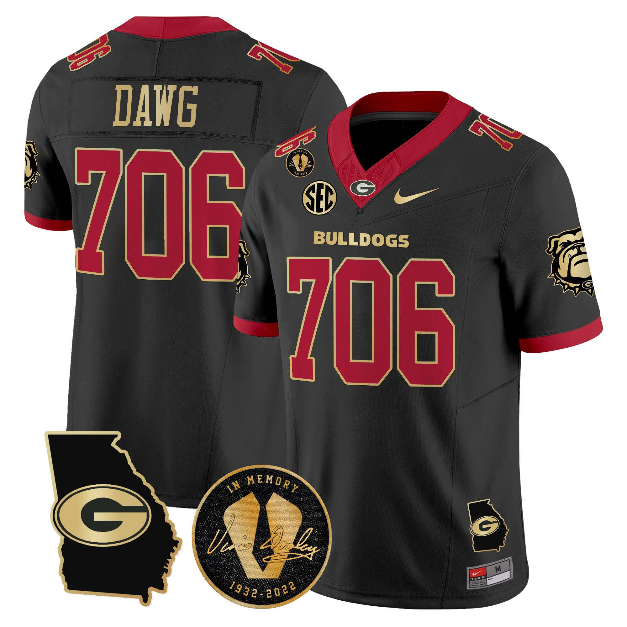 Dawg 706 Men's Georgia Bulldogs 2025 Georgia Map & Vince Dooley Patch Vapor Limited Black Gold Trim Jersey - All Stitched