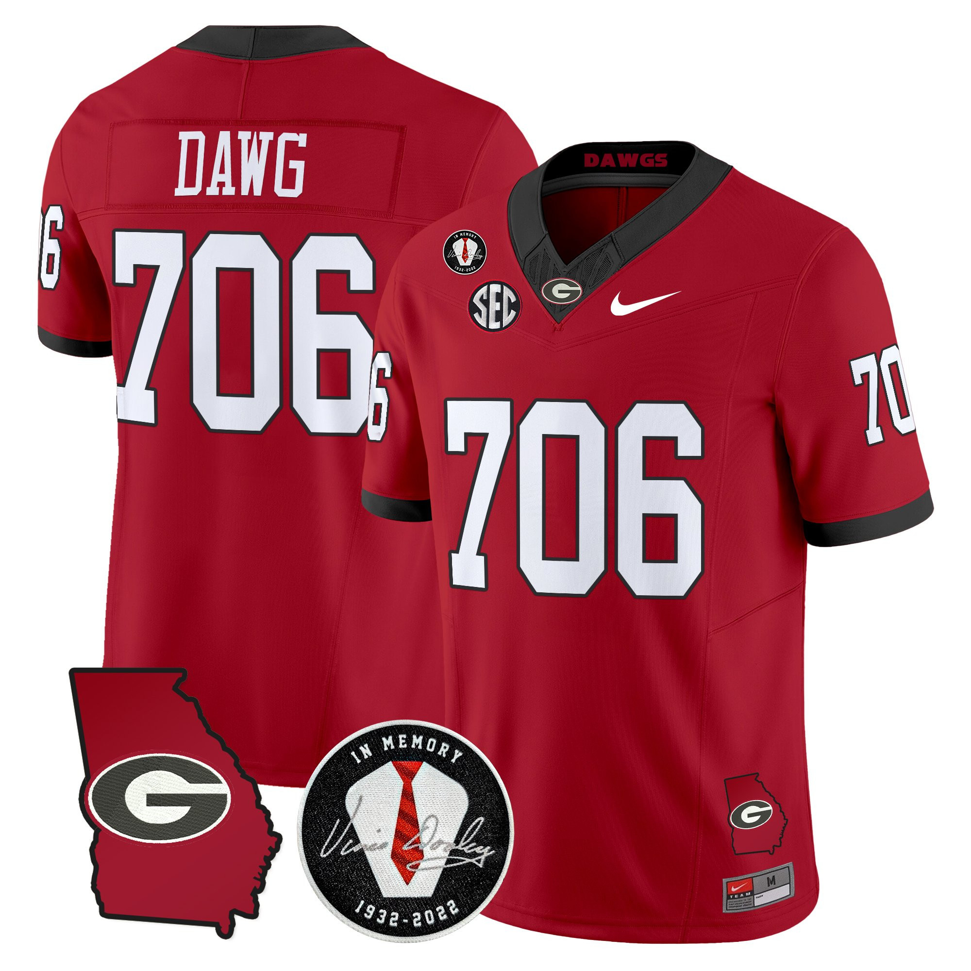 Dawg 706 Men's Georgia Bulldogs 2025 Georgia Map & Vince Dooley Patch Vapor Limited Red Jersey - All Stitched